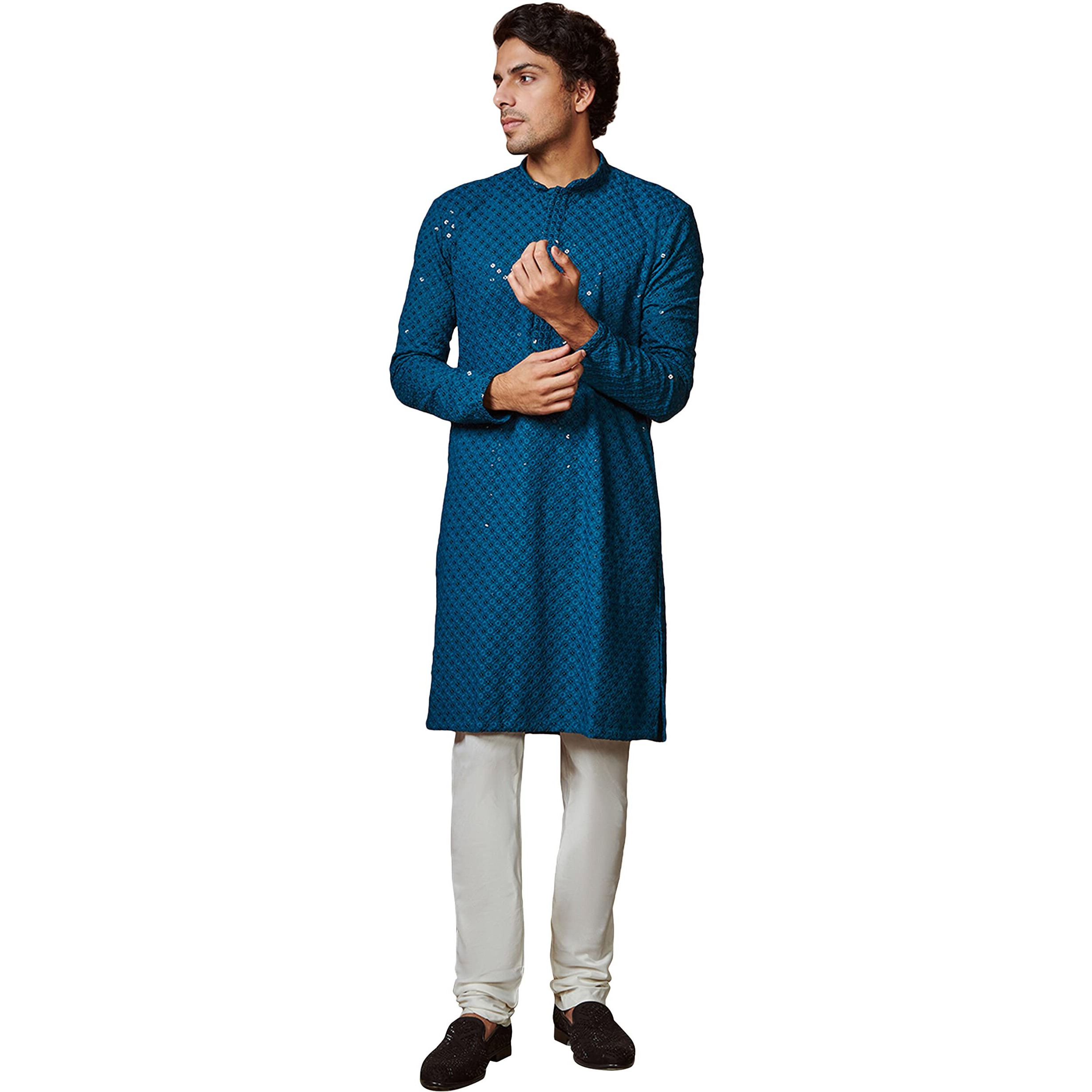 Manyavar Kurta Set for Men, Full Sleeves Mandarin Collar Ethnic Kurta Set for Diwali, Wedding, Party Embroidery (Dark Blue, L)