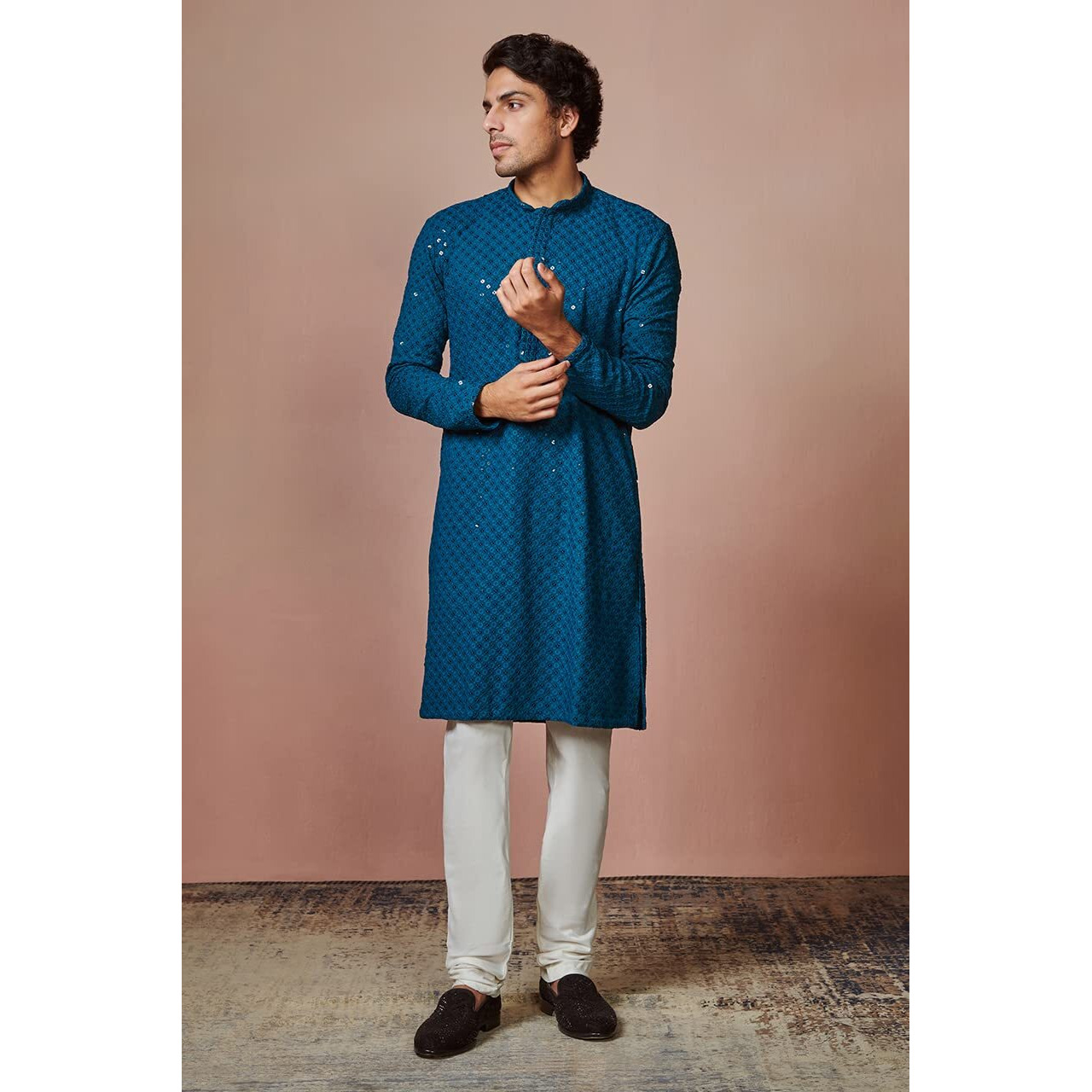 Manyavar Kurta Set for Men, Full Sleeves Mandarin Collar Ethnic Kurta Set for Diwali, Wedding, Party Embroidery (Dark Blue, L)