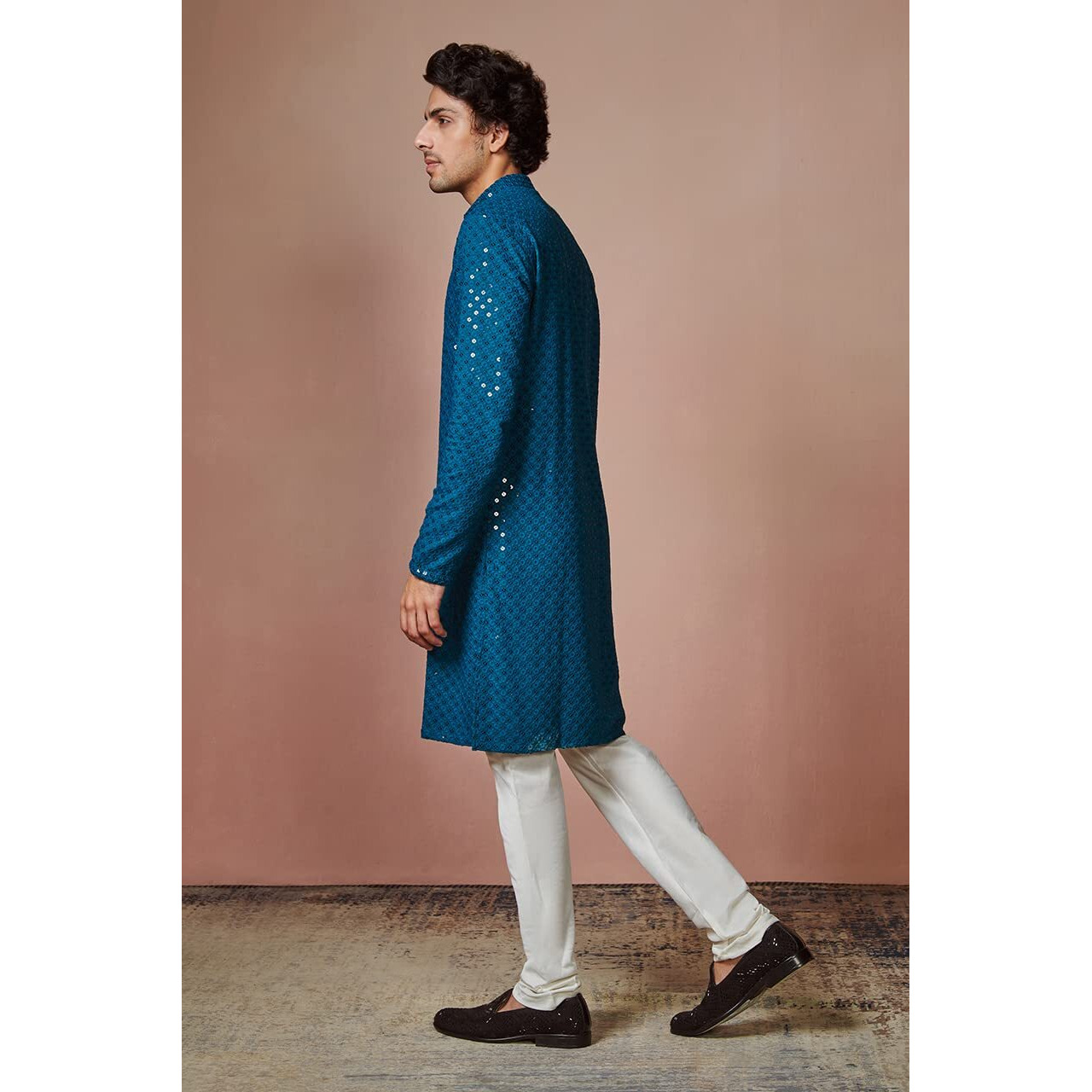 Manyavar Kurta Set for Men, Full Sleeves Mandarin Collar Ethnic Kurta Set for Diwali, Wedding, Party Embroidery (Dark Blue, L)