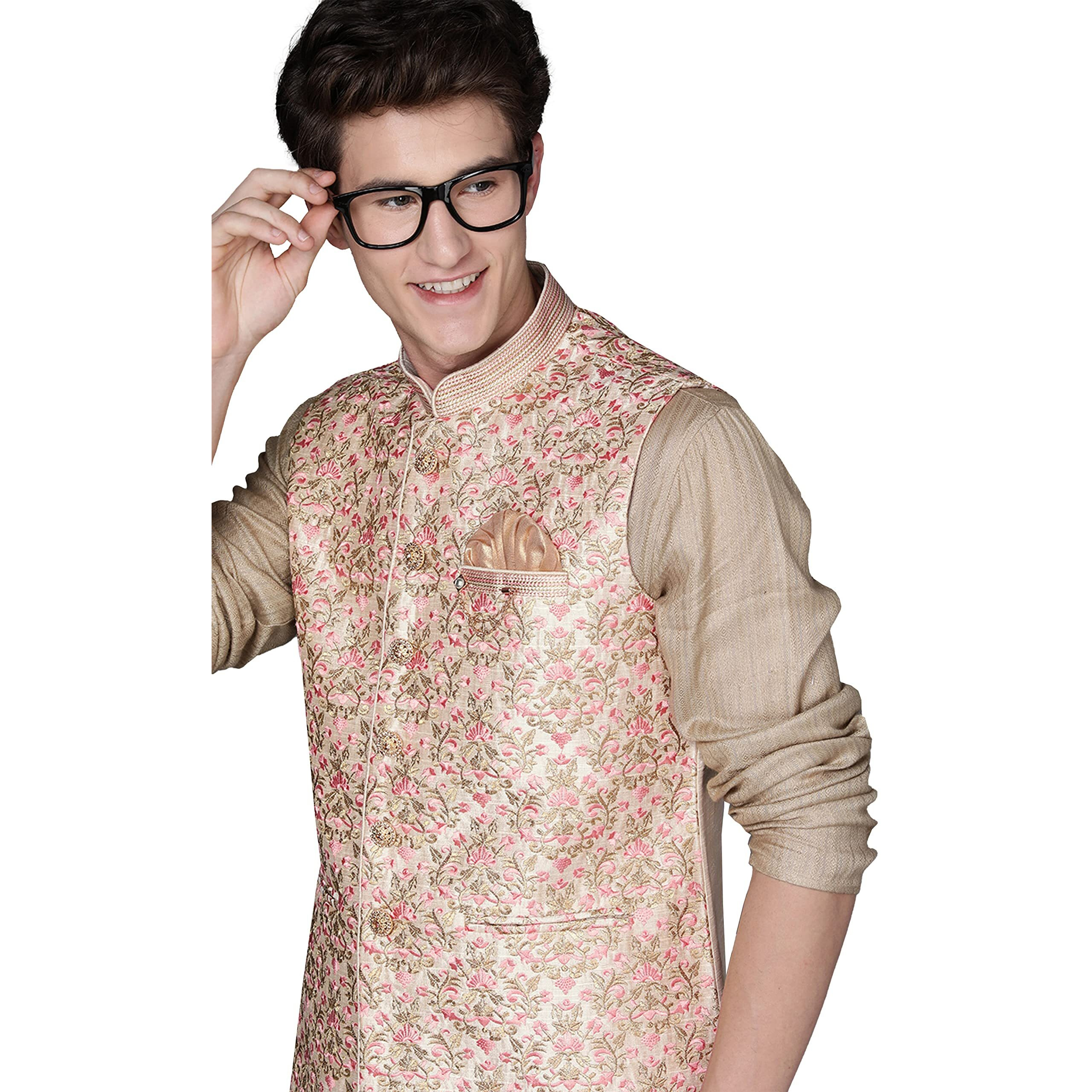 Manyavar Mens Jacket, Nehru Jacket for Men, Ethnic Jacket For Festival, Wedding, Party, Sleevless Jacket Art Silk (Beige, L)