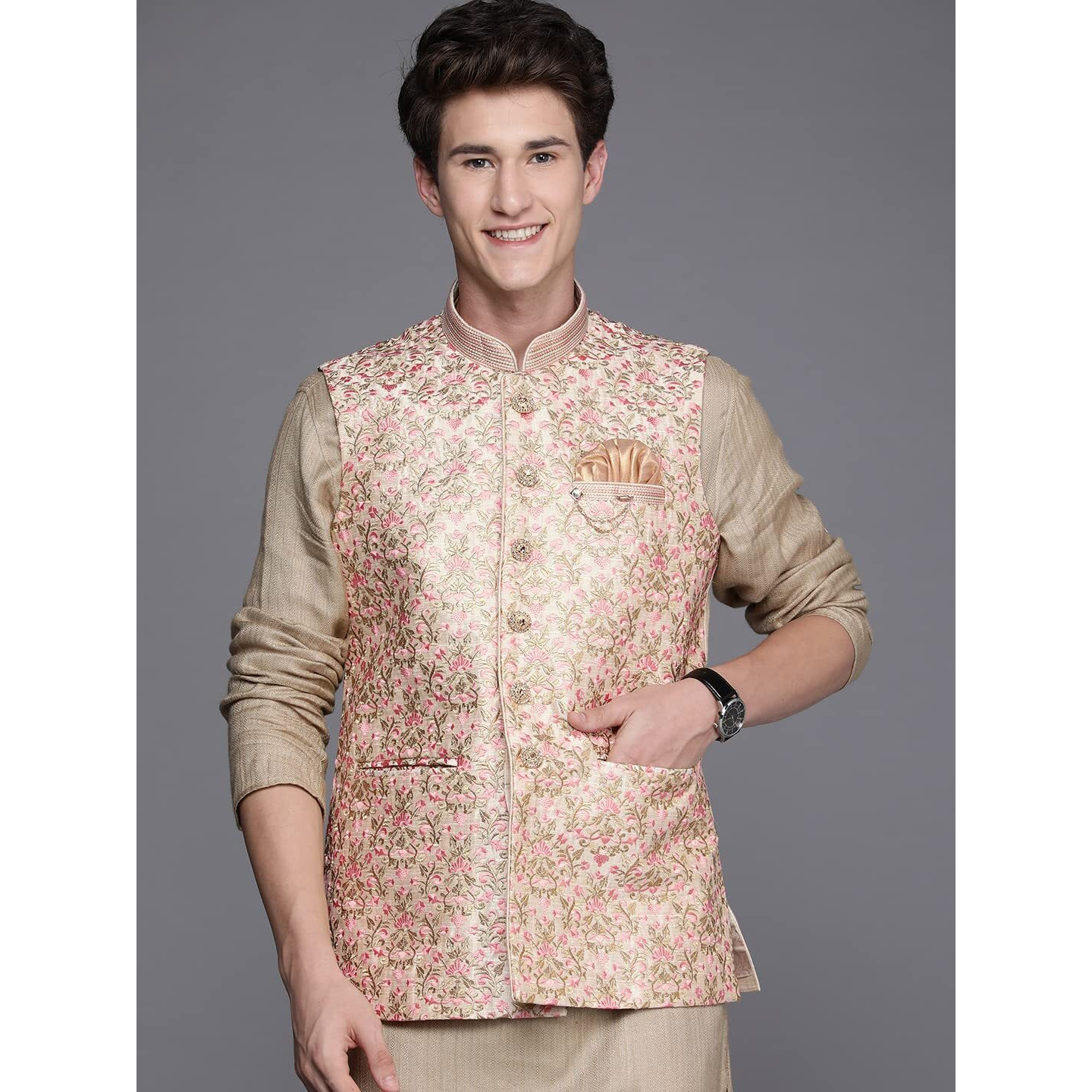 Manyavar Mens Jacket, Nehru Jacket for Men, Ethnic Jacket For Festival, Wedding, Party, Sleevless Jacket Art Silk (Beige, L)