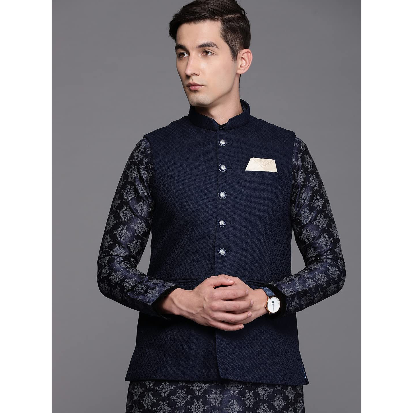 Manyavar Mens Jacket, Nehru Jacket for Men, Ethnic Jacket for Festival, Wedding, Party, Sleevless Jacket Blended Viscose (Blue, M)