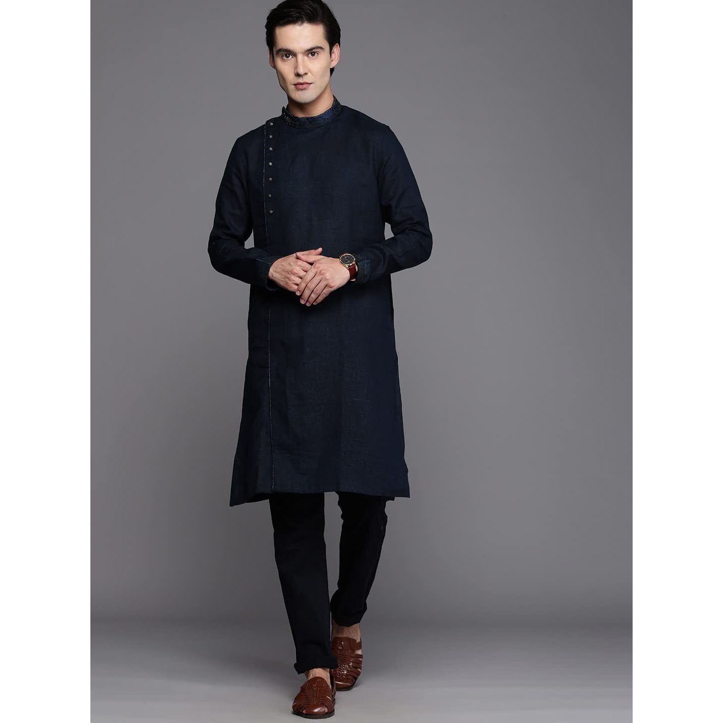 Manyavar Men's Kurta, Long Sleeves Mandarin Collar Ethnic Knee Length Kurta Only, Kurta for Festival, Wedding, Party & Anniversary Blended Linen (Blue, XL)