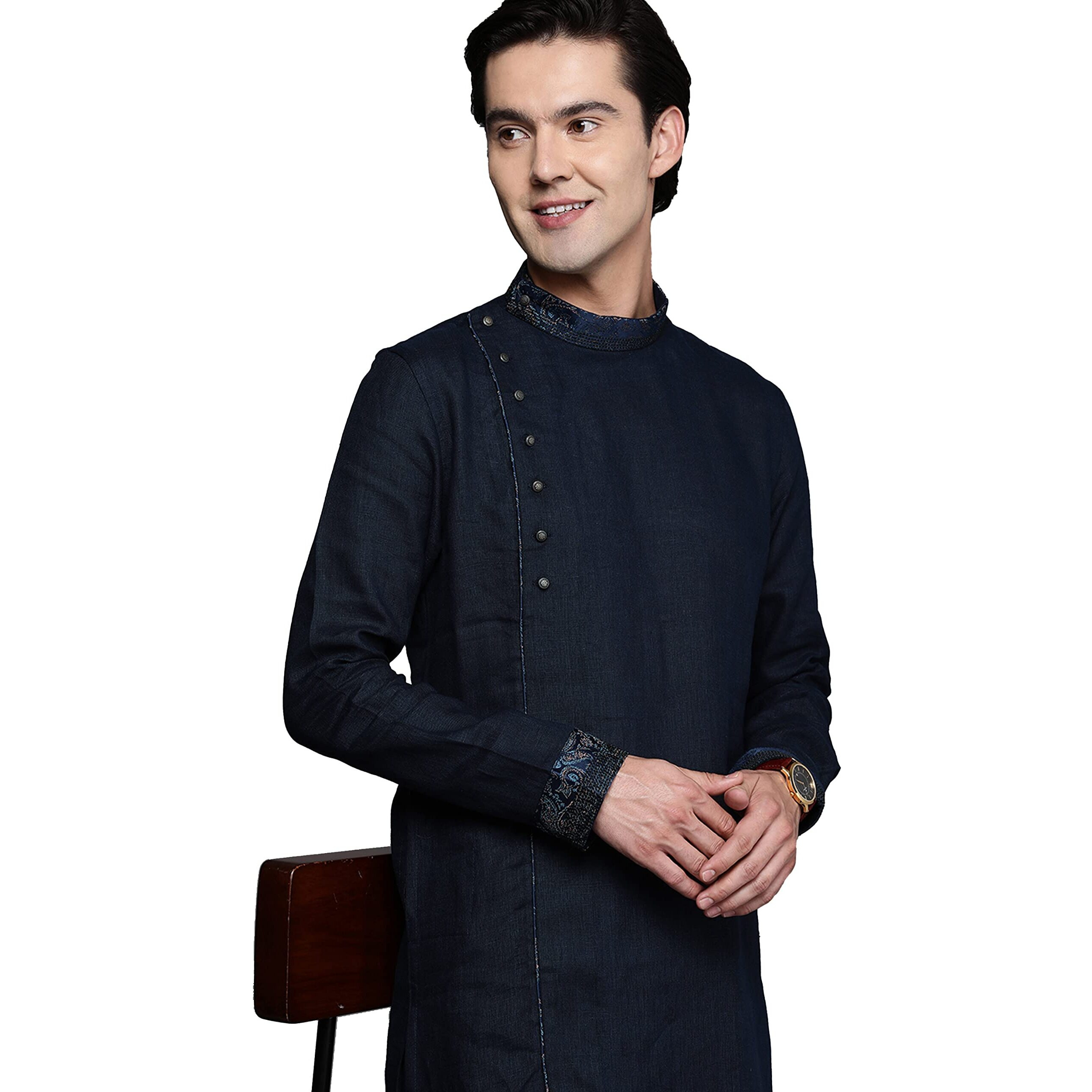Manyavar Men's Kurta, Long Sleeves Mandarin Collar Ethnic Knee Length Kurta Only, Kurta for Festival, Wedding, Party & Anniversary Blended Linen (Blue, 2XL)