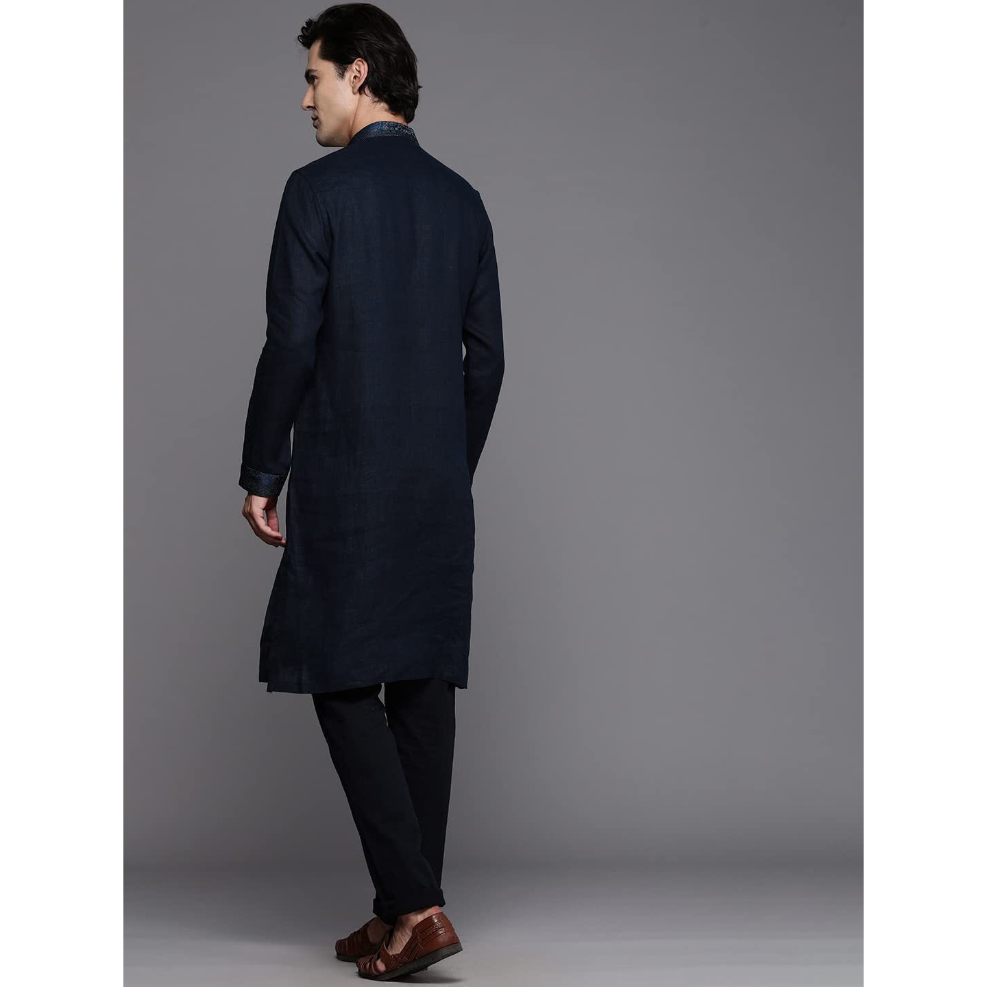 Manyavar Men's Kurta, Long Sleeves Mandarin Collar Ethnic Knee Length Kurta Only, Kurta for Festival, Wedding, Party & Anniversary Blended Linen (Blue, 2XL)