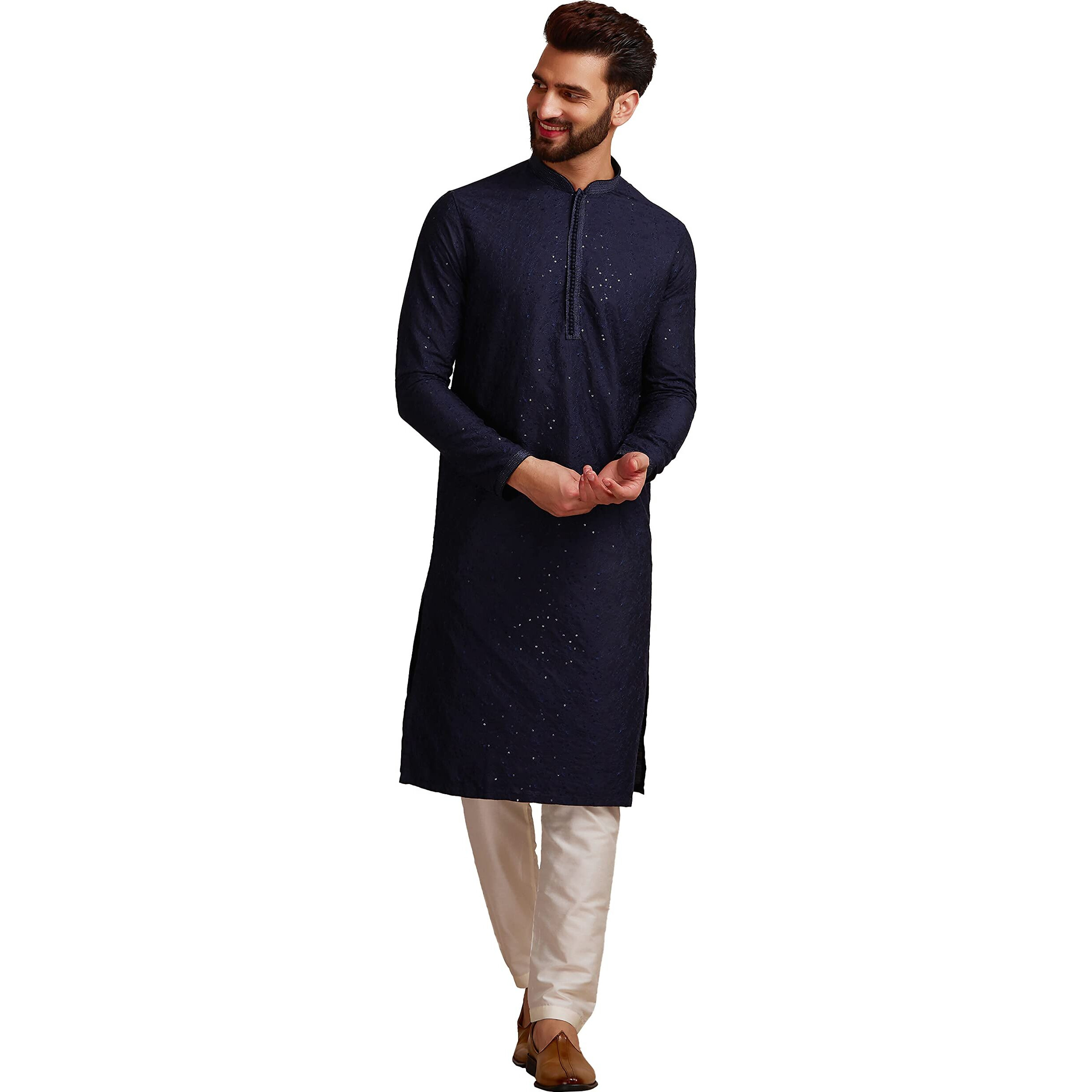 Manyavar Blue Blended Viscose Full Sleeve Kurta Set | Traditional Kurta Set For Men (XXL)
