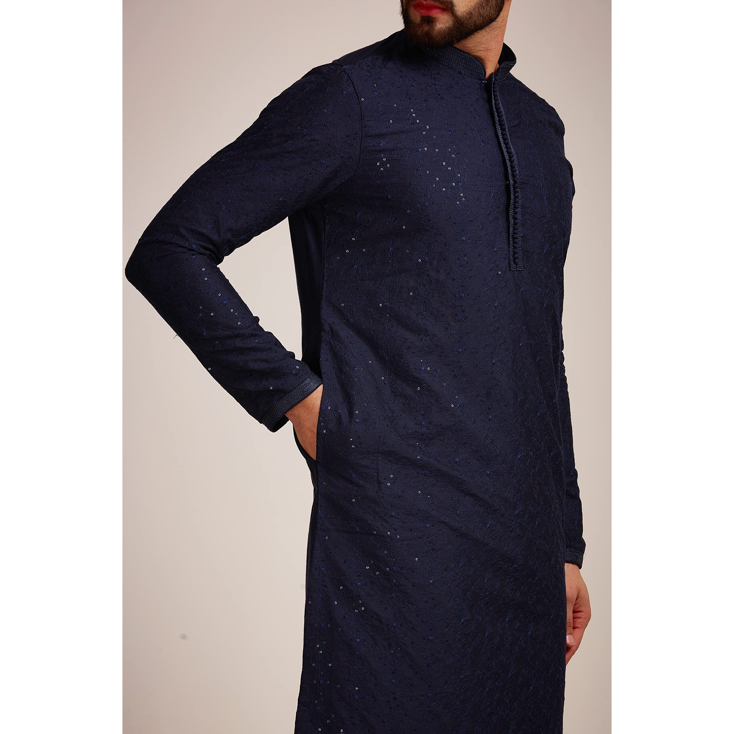Manyavar Blue Blended Viscose Full Sleeve Kurta Set | Traditional Kurta Set For Men (XXL)
