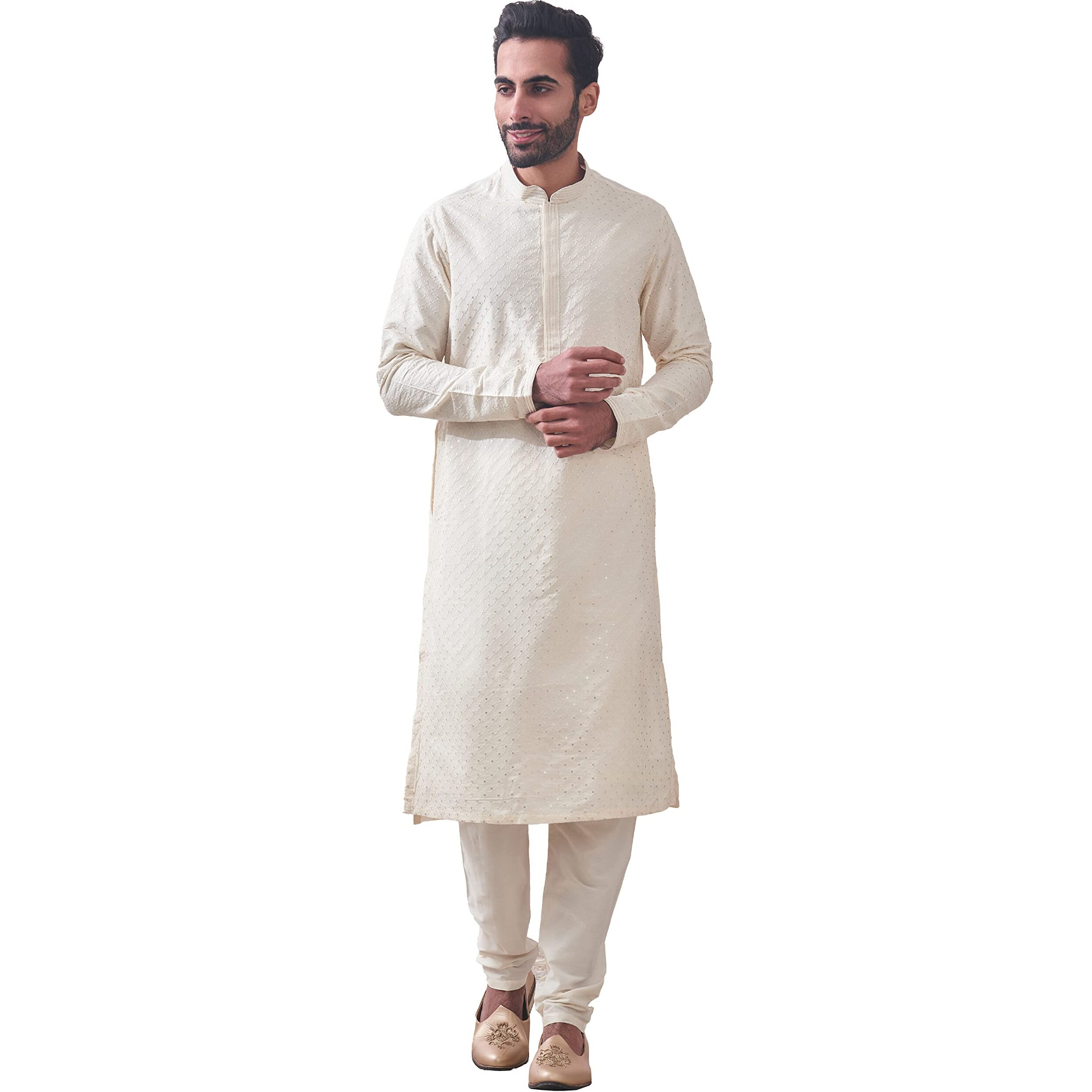 Manyavar Off White/Cream Blended Viscose Full Sleeve Kurta Set | Traditional Kurta Set For Men (XXL)