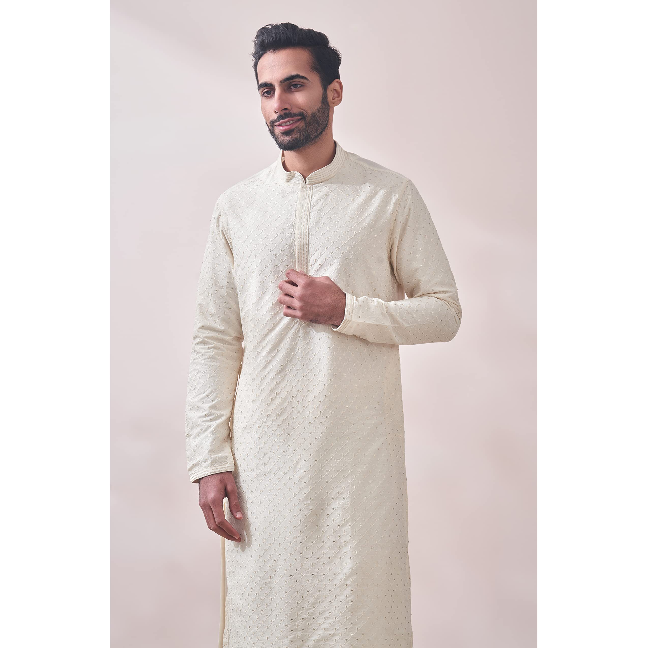 Manyavar Off White/Cream Blended Viscose Full Sleeve Kurta Set | Traditional Kurta Set For Men (XXL)