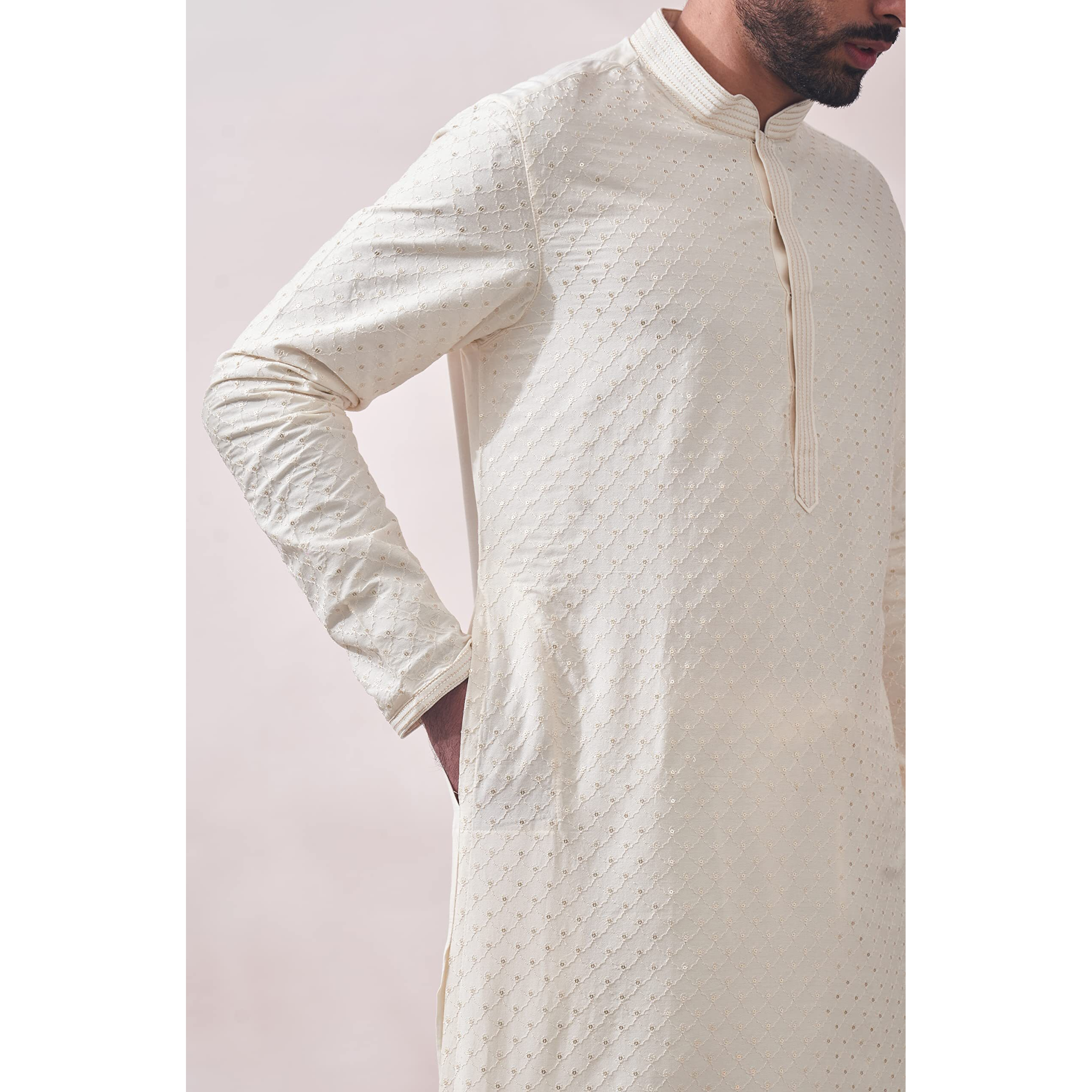 Manyavar Off White/Cream Blended Viscose Full Sleeve Kurta Set | Traditional Kurta Set For Men (XXL)