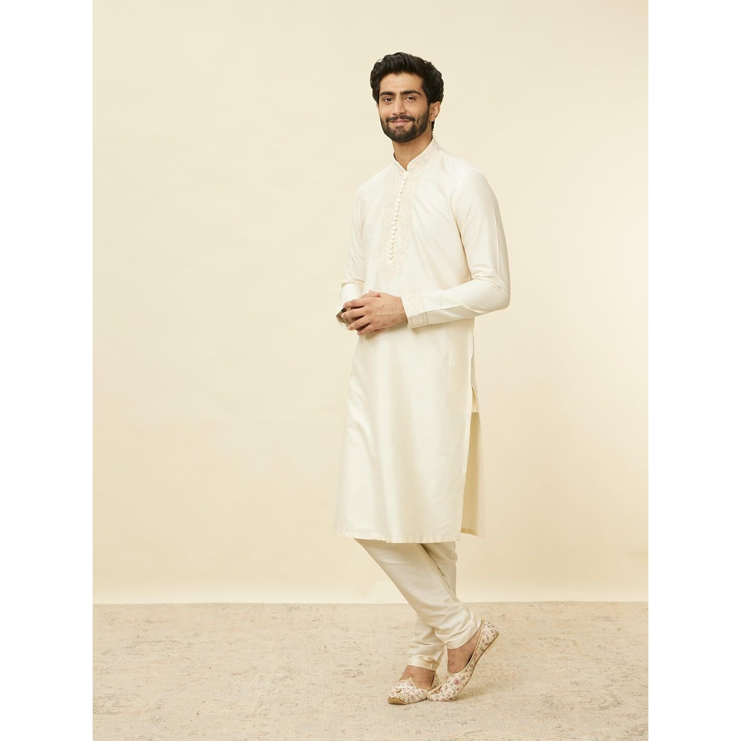 Manyavar Mens Cream Blended Viscose Self Design Kurta Pyjama Set