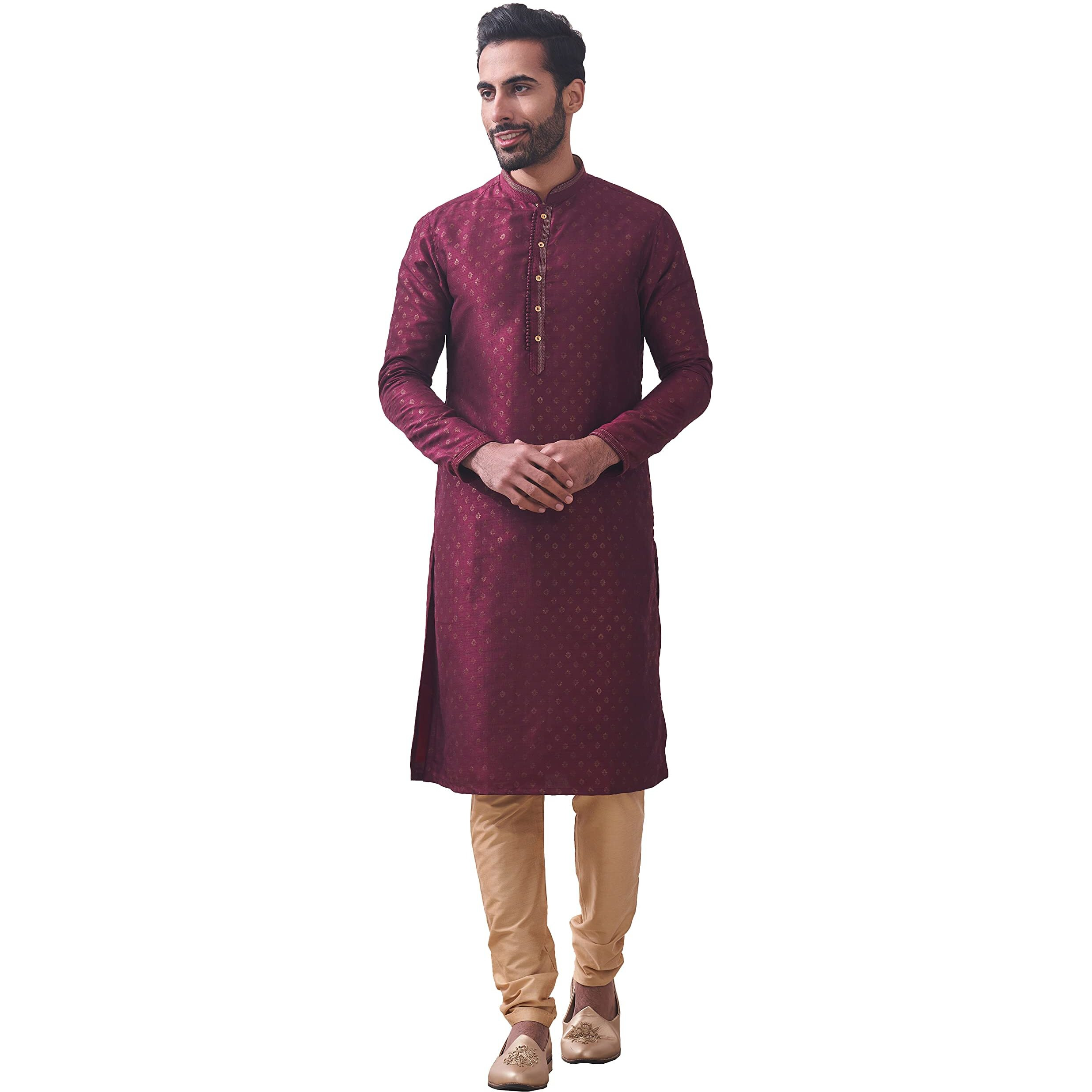 Manyavar Men's Royal Maroon Printed Kurta Set (2pcs) (Maroon,XL)