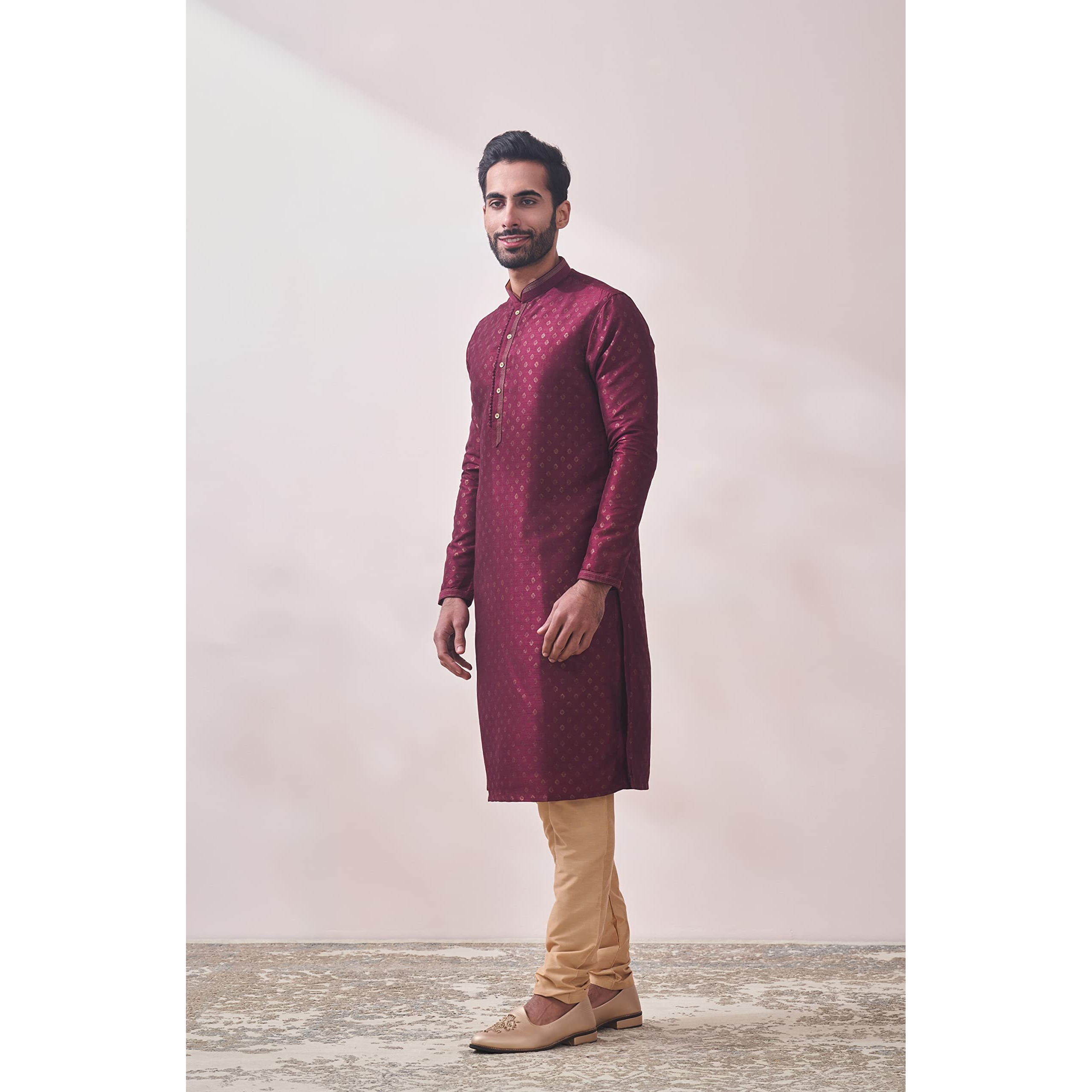 Manyavar Men's Royal Maroon Printed Kurta Set (2pcs) (Maroon,XL)