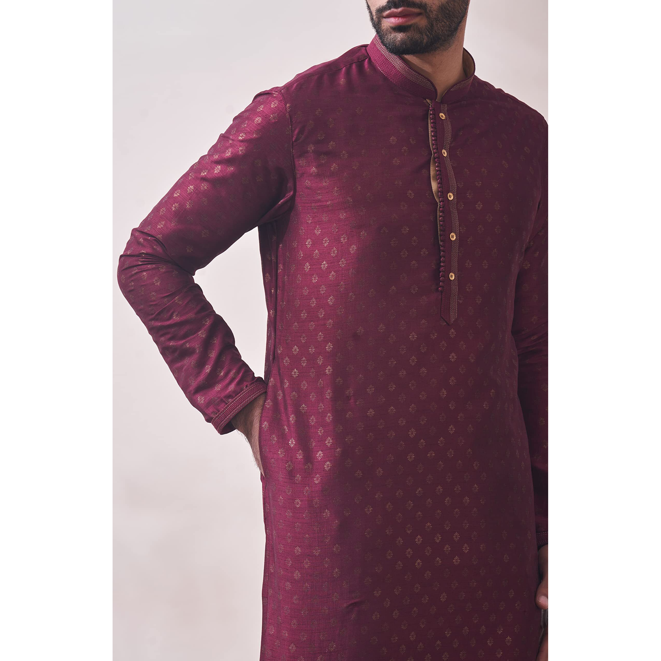 Manyavar Men's Royal Maroon Printed Kurta Set (2pcs) (Maroon,XL)