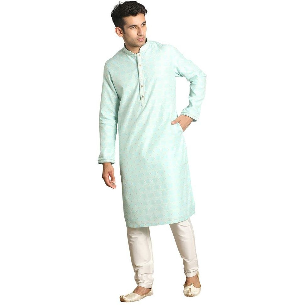 Manyavar Kurta Set for Men, Full Sleeves Mandarin Collar Ethnic Men's Kurta Set For Engagement, Wedding, Party Blended Cotton All Over Self Design (Blue, L)