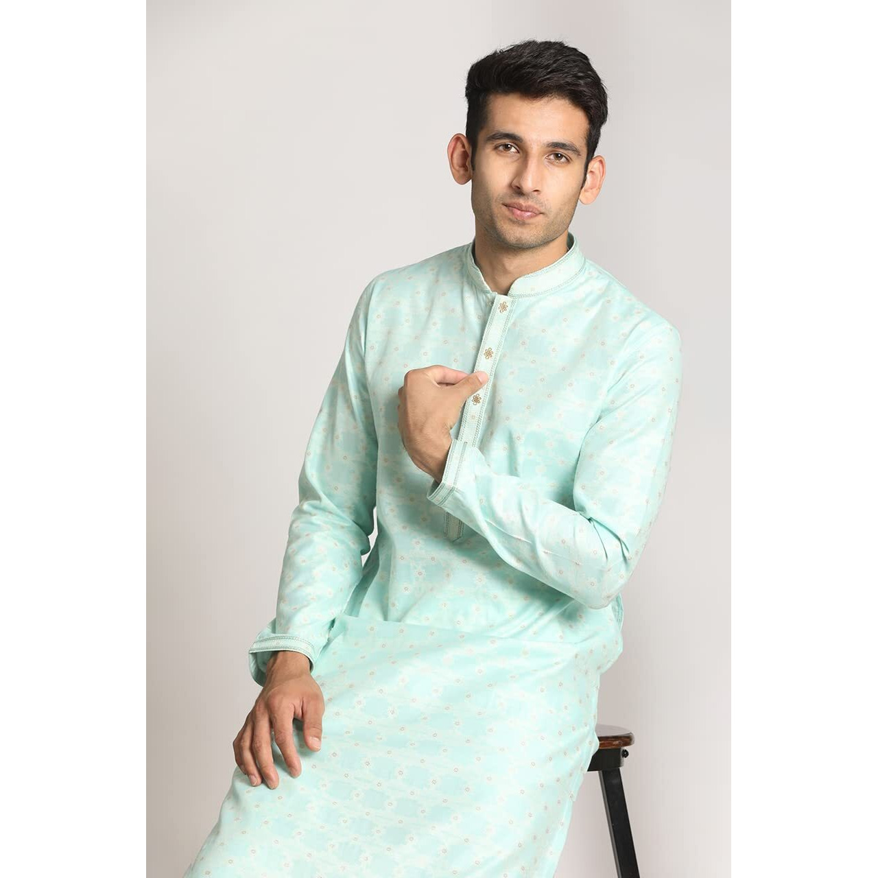 Manyavar Kurta Set for Men, Full Sleeves Mandarin Collar Ethnic Men's Kurta Set For Engagement, Wedding, Party Blended Cotton All Over Self Design (Blue, L)