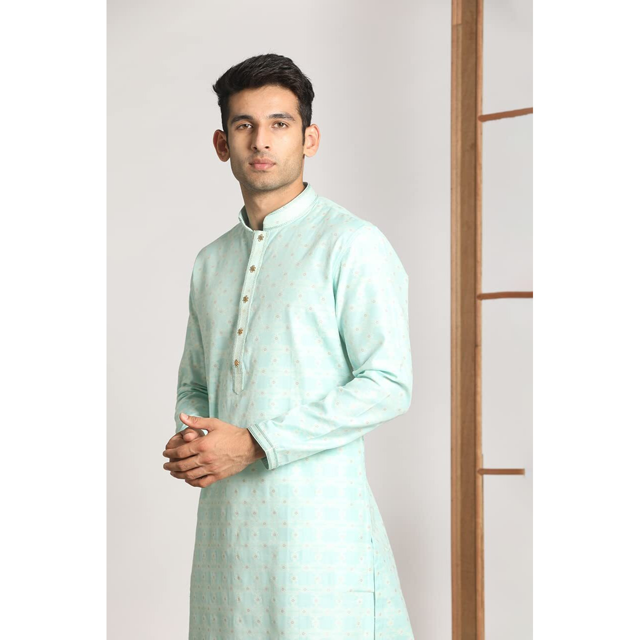 Manyavar Kurta Set for Men, Full Sleeves Mandarin Collar Ethnic Men's Kurta Set For Engagement, Wedding, Party Blended Cotton All Over Self Design (Blue, L)