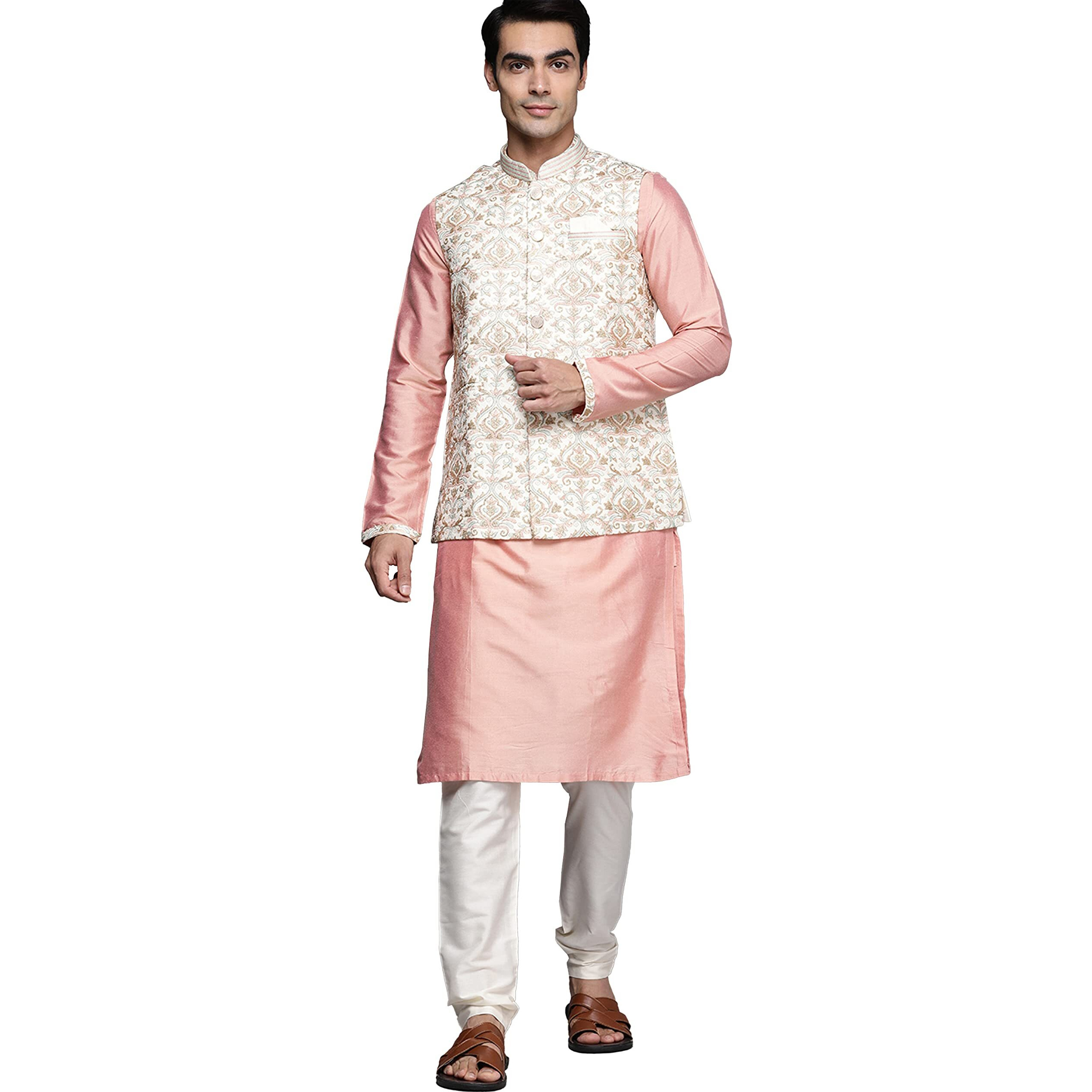 Manyavar Kurta Jacket Set for Men, Full Sleeves Mandarin Collar Ethnic Wear Jacket Set for Festival, Wedding, Party Blended Viscose (Peach, L)