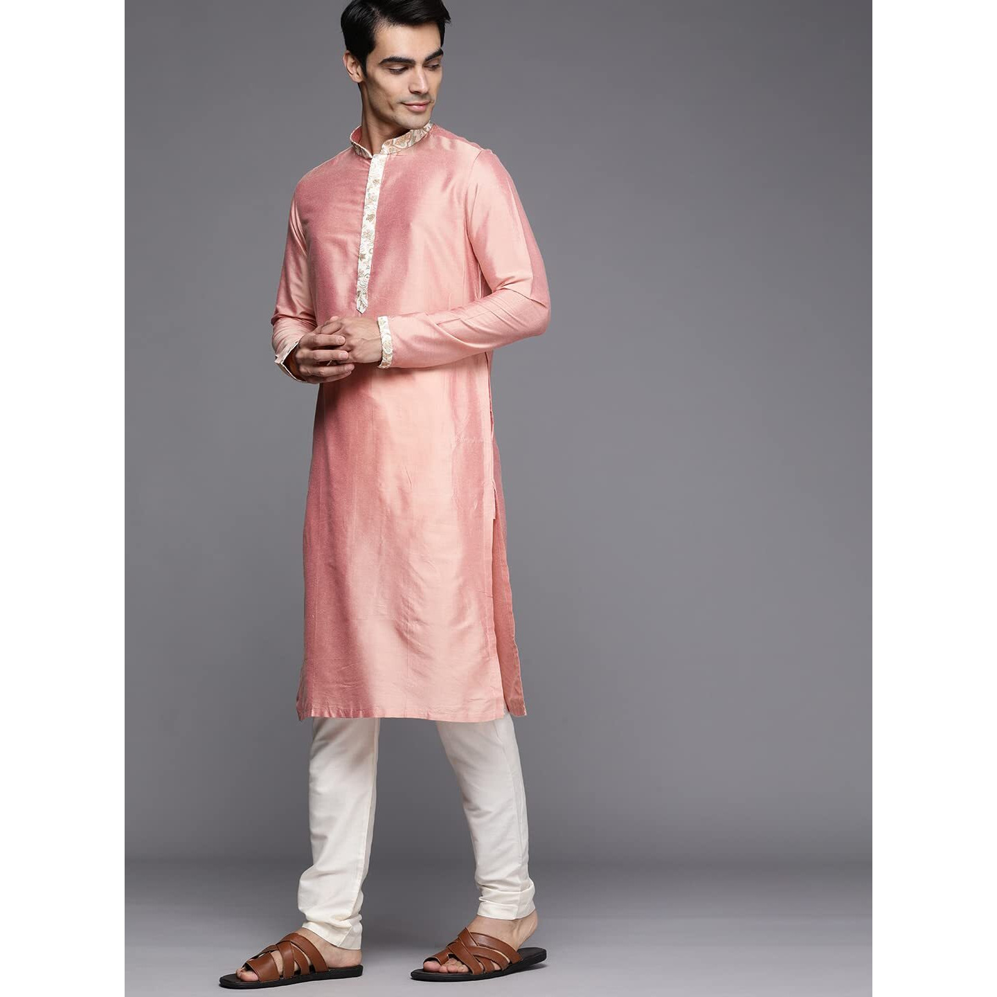 Manyavar Kurta Jacket Set for Men, Full Sleeves Mandarin Collar Ethnic Wear Jacket Set for Festival, Wedding, Party Blended Viscose (Peach, L)