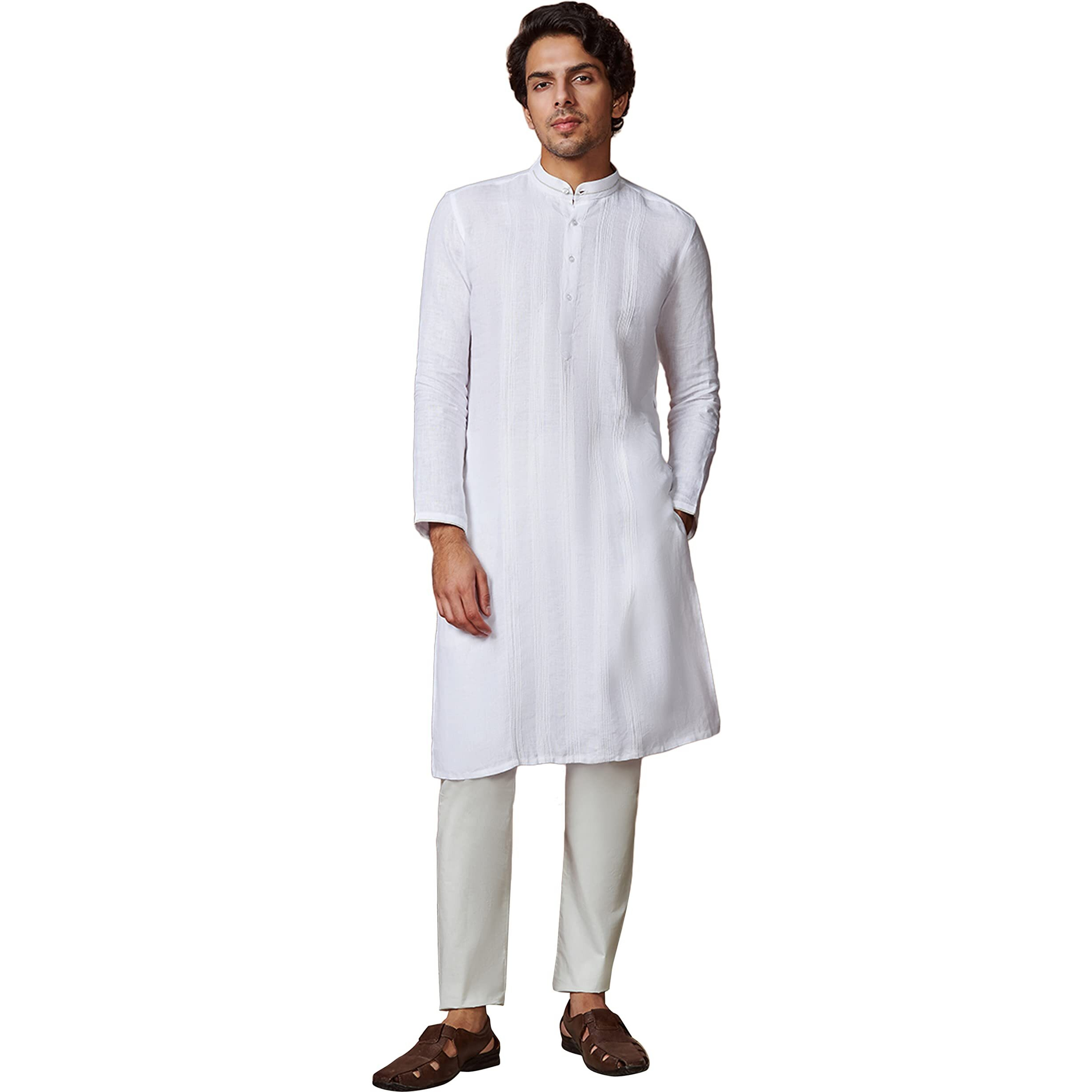 Manyavar Men's Kurta, Full Sleeve Mandarin Collared Ethnic Knee Length Kurta, Linen Kurta for Festival, Wedding, Party, Anniversary (White, XL)