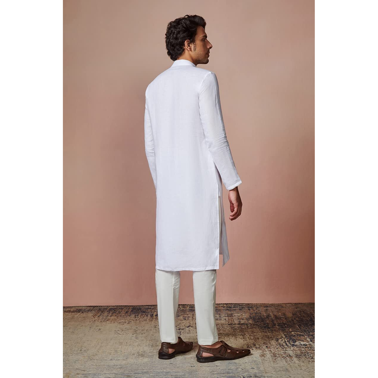 Manyavar Men's Kurta, Full Sleeve Mandarin Collared Ethnic Knee Length Kurta, Linen Kurta for Festival, Wedding, Party, Anniversary (White, XL)