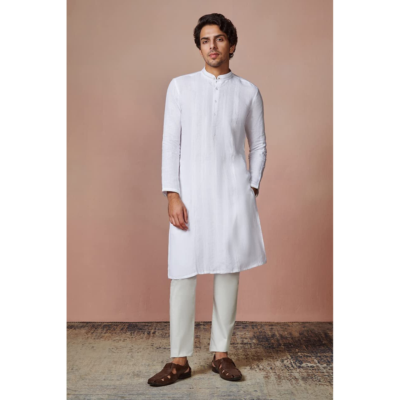 Manyavar Men's Kurta, Full Sleeve Mandarin Collared Ethnic Knee Length Kurta, Linen Kurta for Festival, Wedding, Party, Anniversary (White, XL)