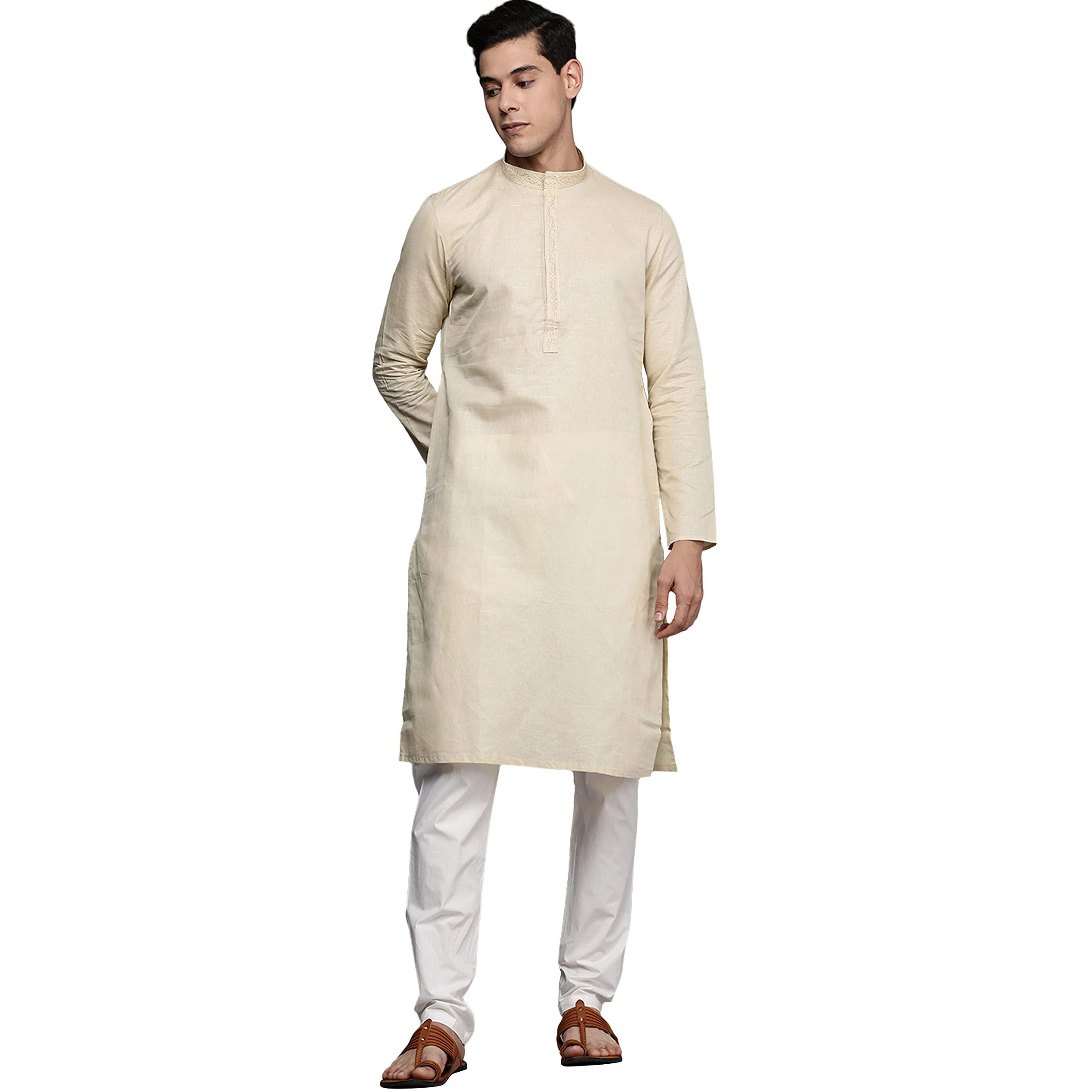 Manyavar Kurta Set for Men, Full Sleeves Mandarin Collar Ethnic Kurta Set For Diwali, Wedding, Party Blended Linen