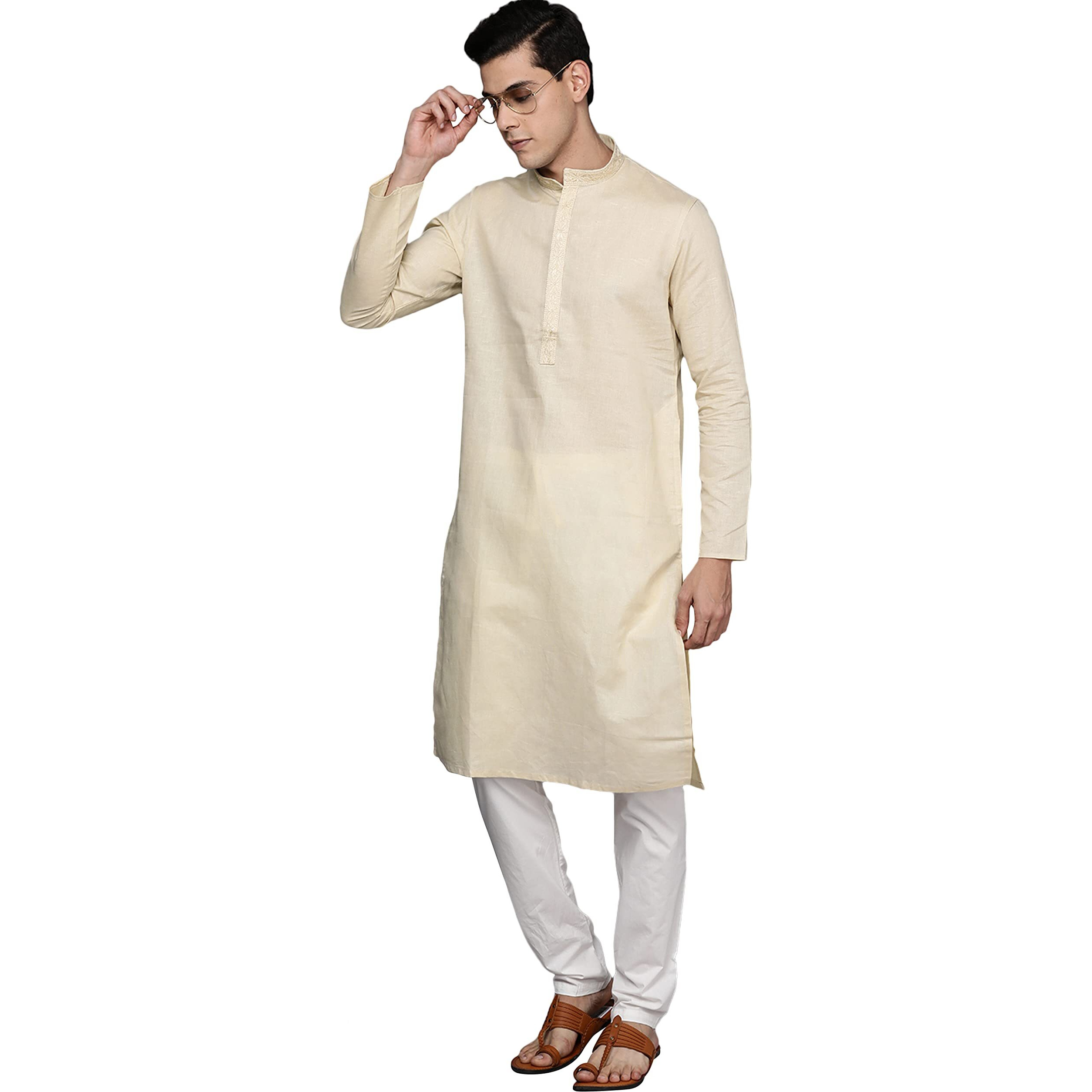 Manyavar Kurta Set for Men, Full Sleeves Mandarin Collar Ethnic Kurta Set For Diwali, Wedding, Party Blended Linen