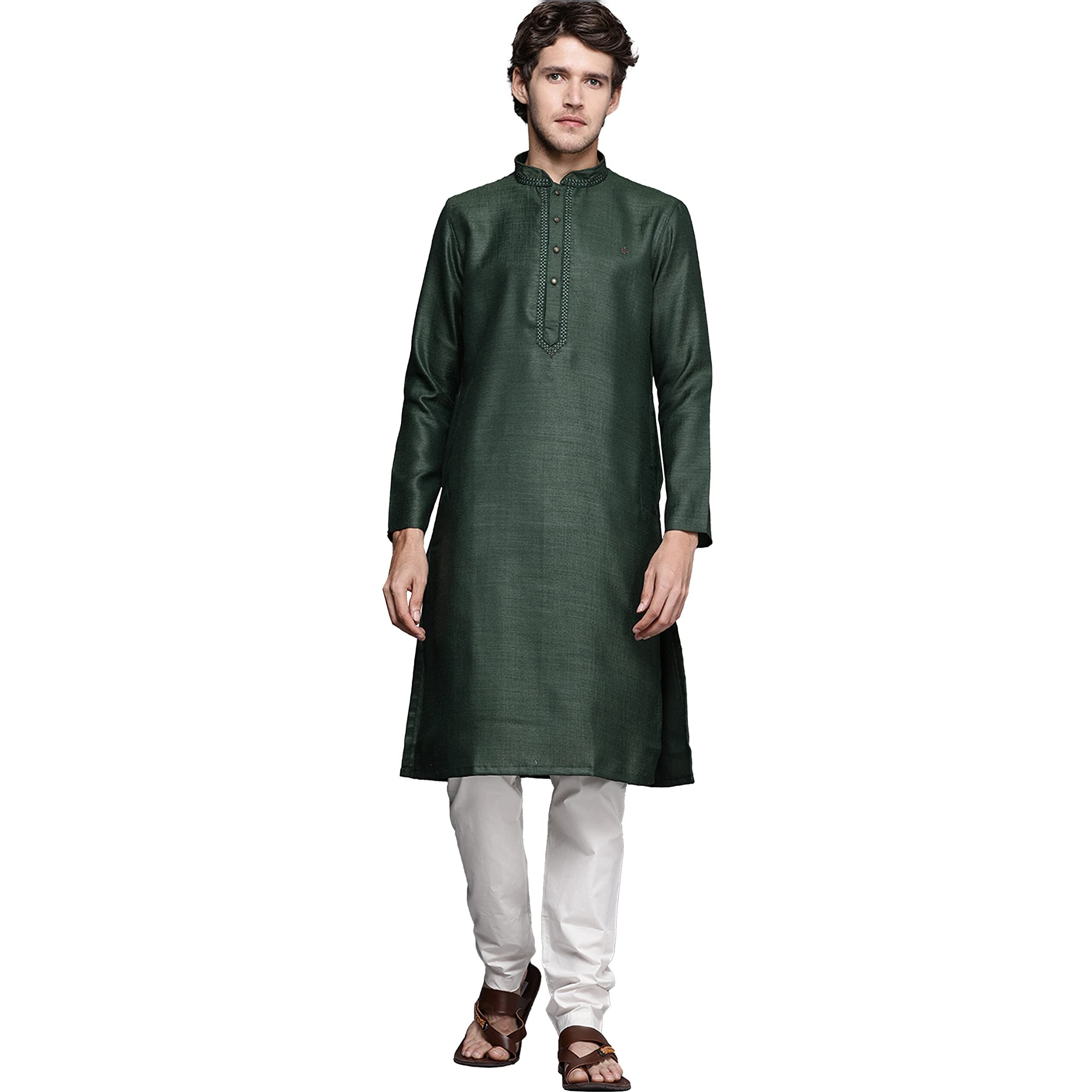 Manyavar Kurta Set for Men, Full Sleeves Mandarin Collar Ethnic Kurta Set For Engagement, Wedding, Party Solid Kurta Set Blended Viscose (Green, L)