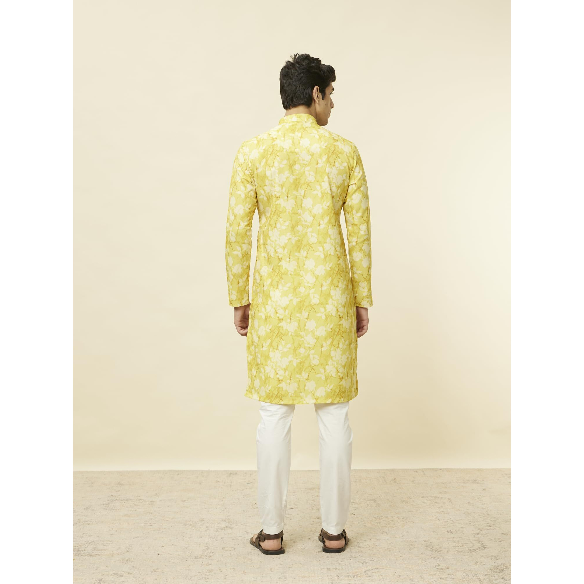 Manyavar Men's Corn Yellow Floral Printed Kurta (XL)