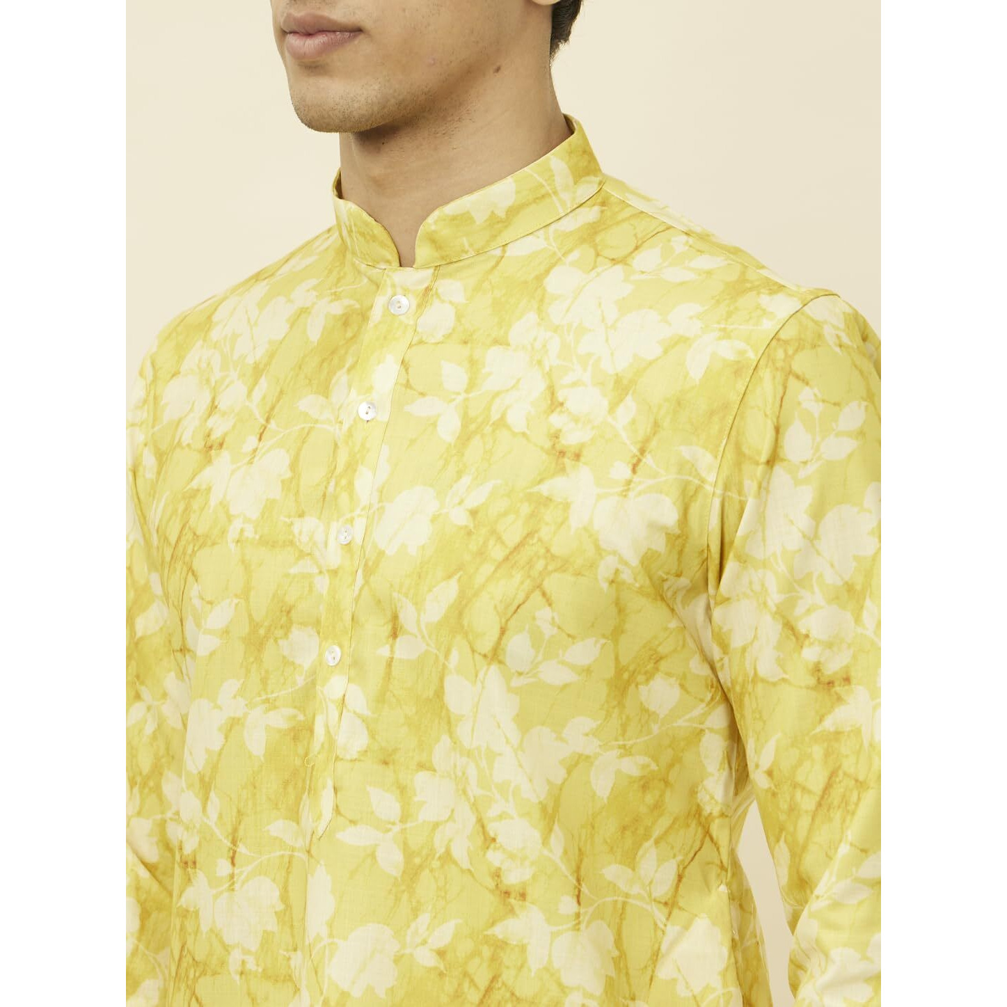 Manyavar Men's Corn Yellow Floral Printed Kurta (XL)