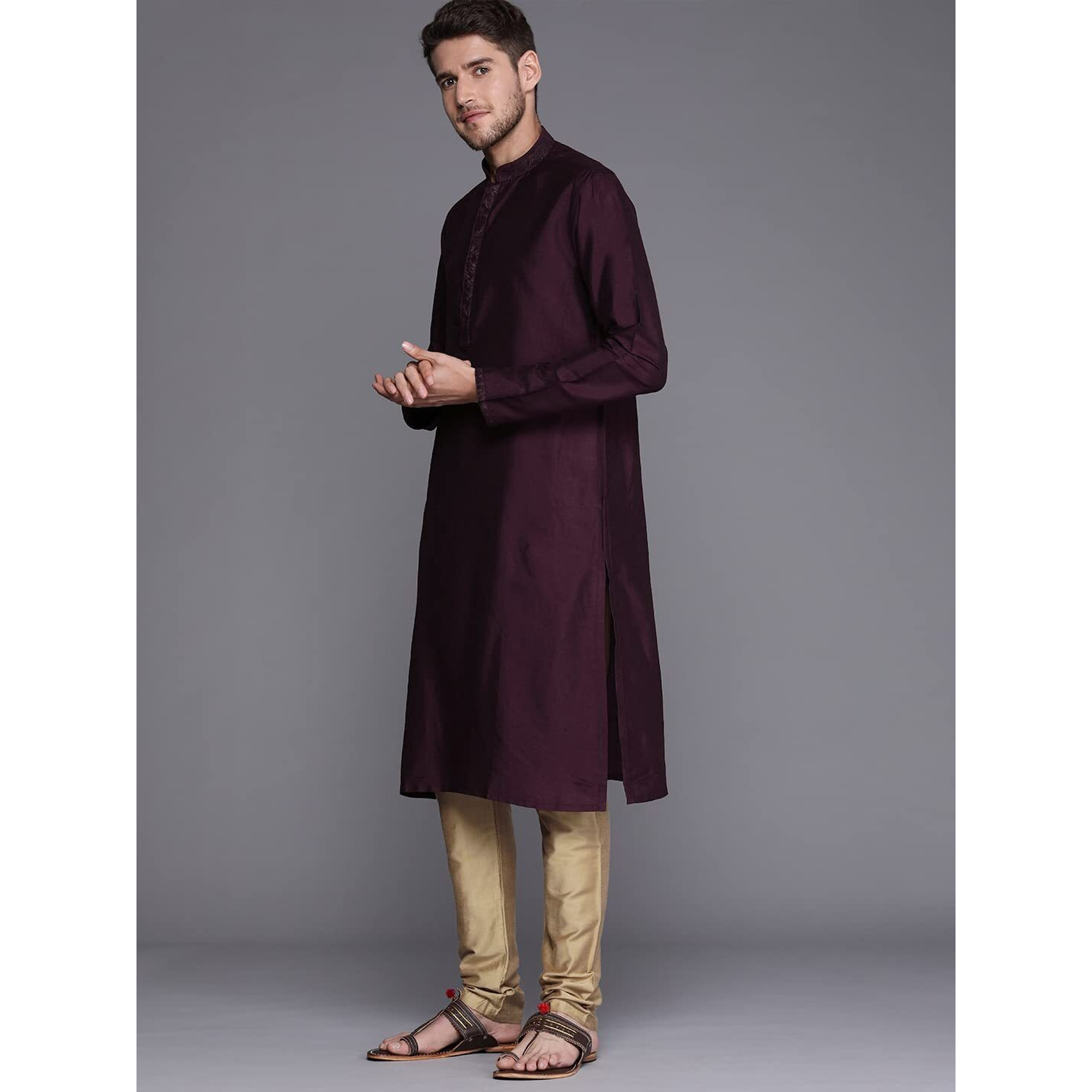Manyavar Kurta Jacket Set for Men, Full Sleeves Mandarin Collar Ethnic Wear Jacket Set for Festival, Wedding, Party Blended Viscose (Wine, M)