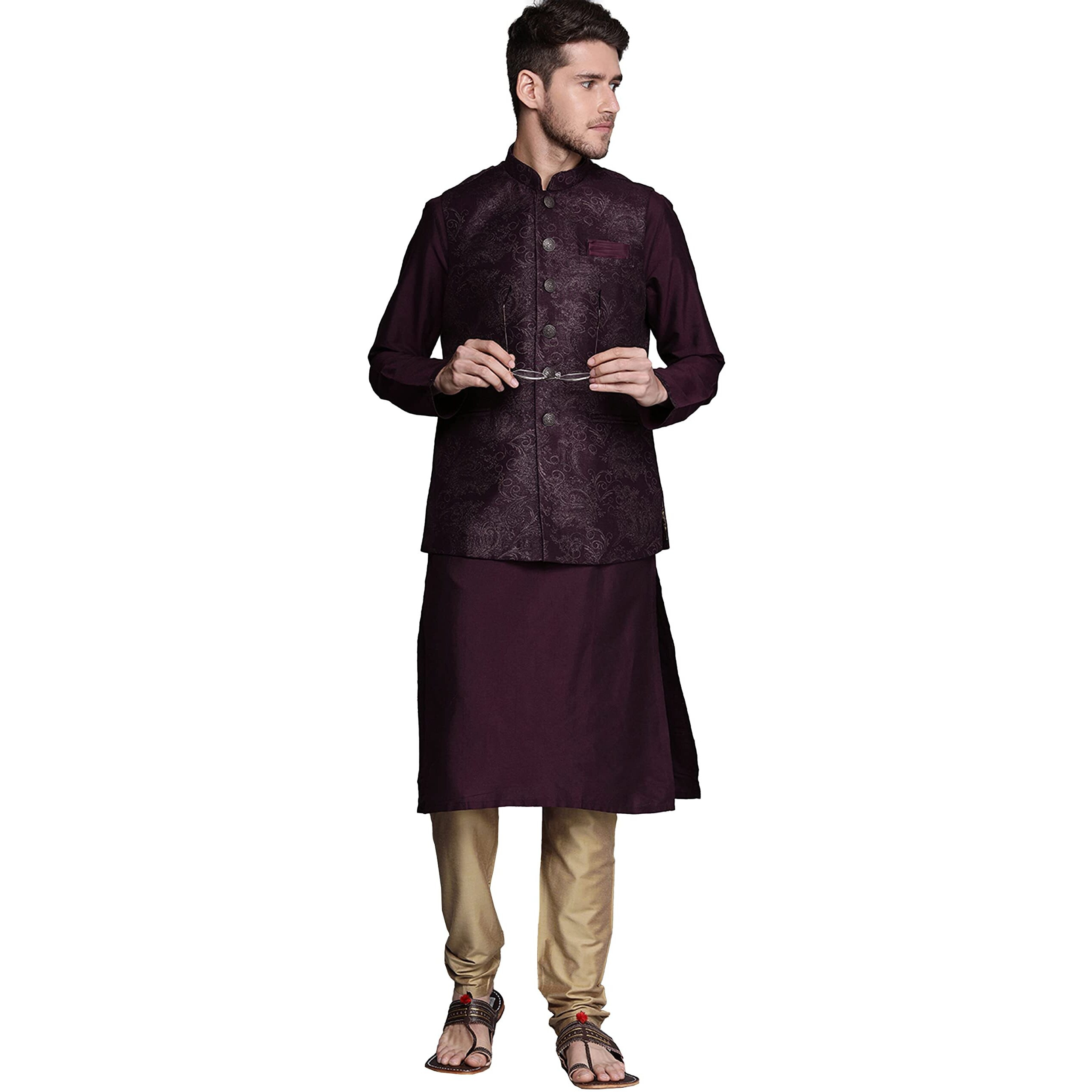 Manyavar Kurta Jacket Set for Men, Full Sleeves Mandarin Collar Ethnic Wear Jacket Set for Festival, Wedding, Party Blended Viscose (Wine, L)