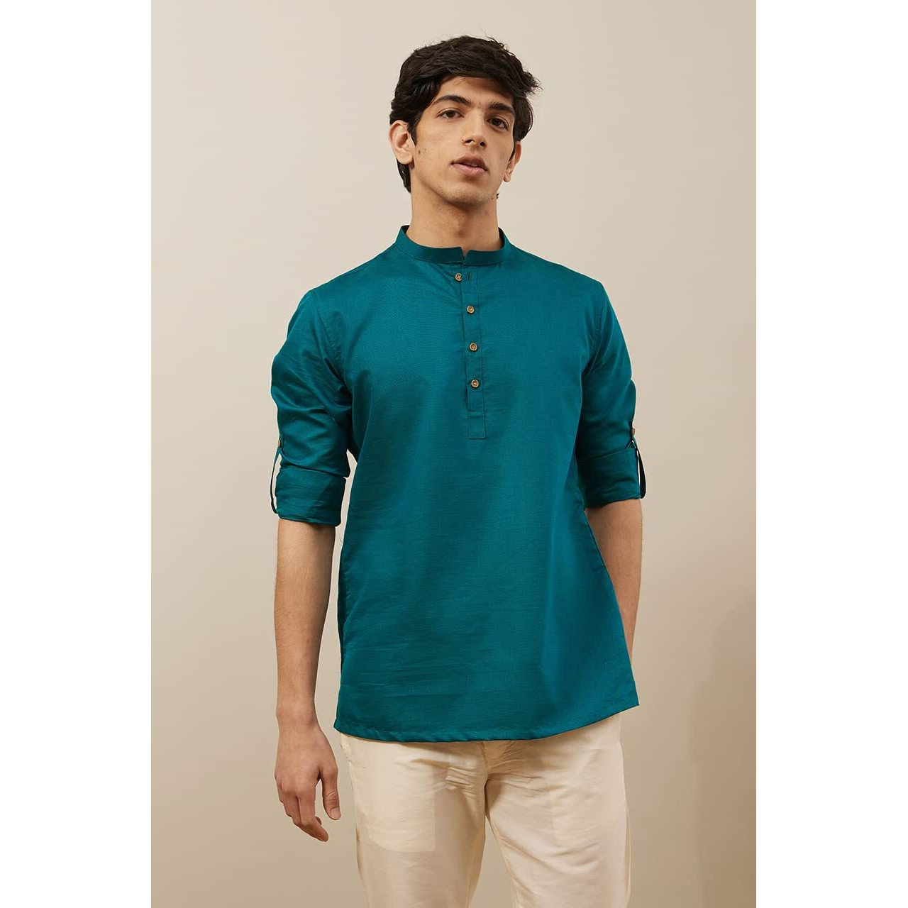 Manyavar Men's Short Kurta, Full Sleeves Mandarin Collar Ethnic Waist Length Kurta Only, Kurta for Festival, Wedding, Blended Viscose(Green, XL)