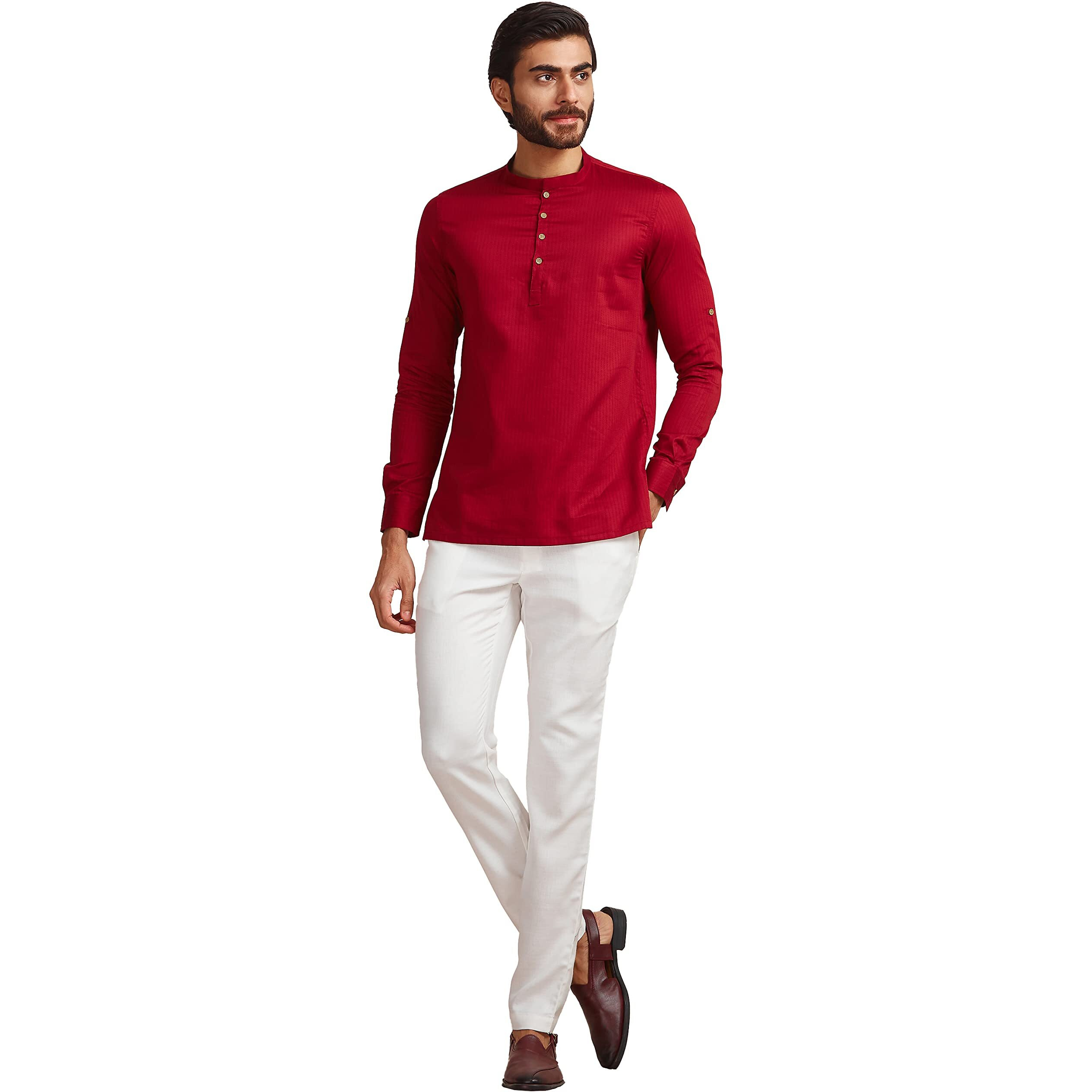Manyavar Maroon Solid Full Sleeve Cotton Short Kurta | Traditional Short Kurta for Men (M)
