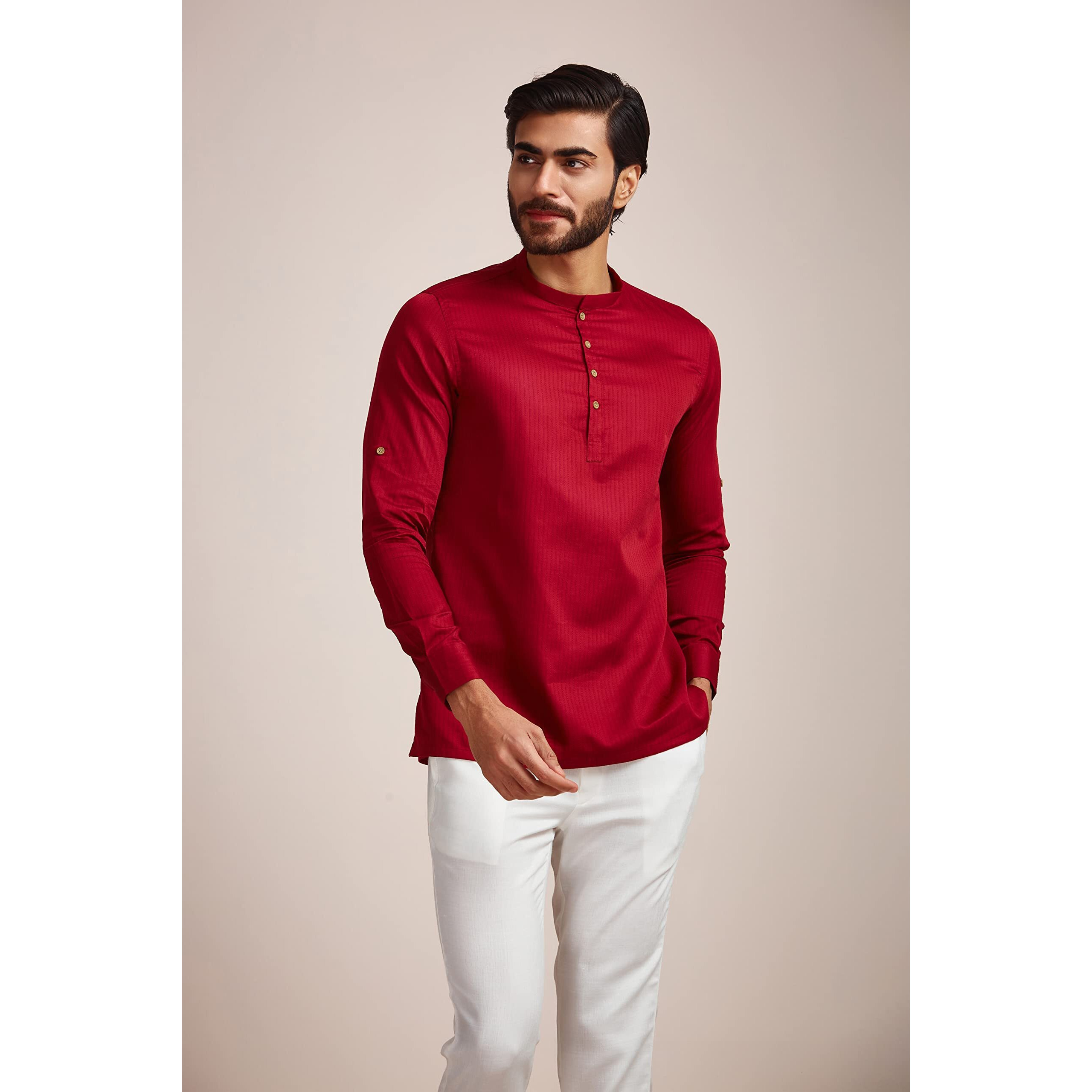 Manyavar Maroon Solid Full Sleeve Cotton Short Kurta | Traditional Short Kurta for Men (M)