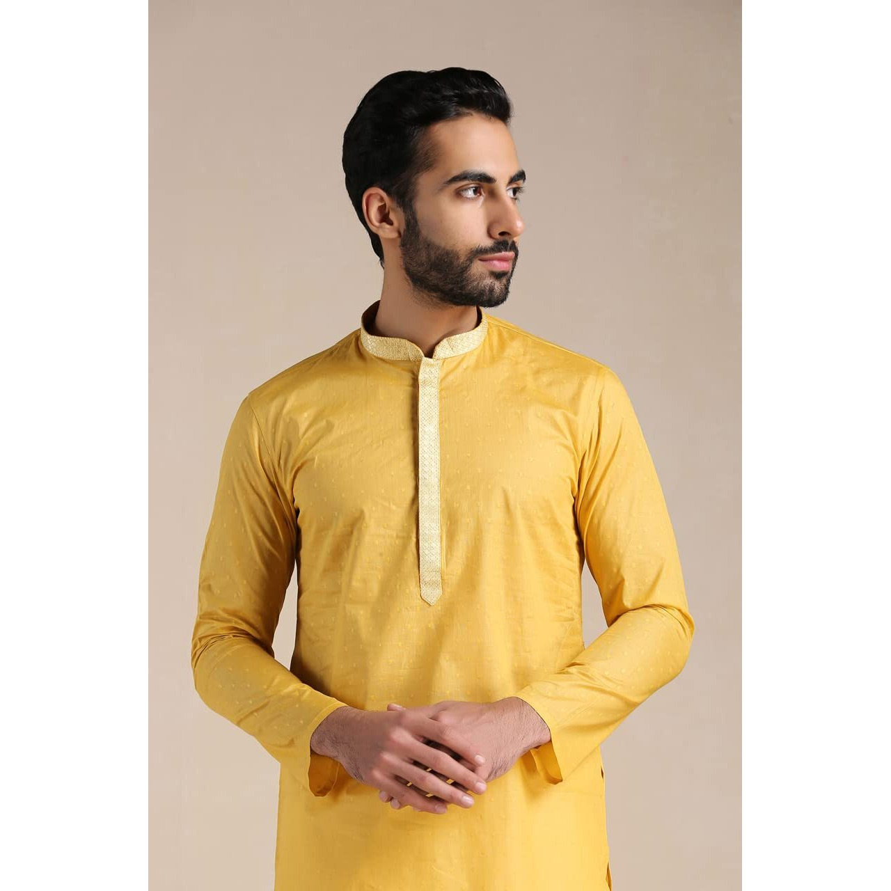 Manyavar Kurta Set for Men, Full Sleeves Mandarin Collar Ethnic Men's Kurta Set For Engagement, Wedding, Party Cotton Solid (Yellow, XL)
