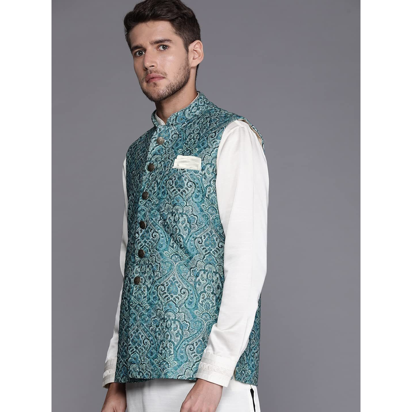 Manyavar Mens Jacket, Nehru Jacket for Men, Ethnic Jacket for Festival, Wedding, Party, Sleevless Jacket Blended Cotton (Blue, S)