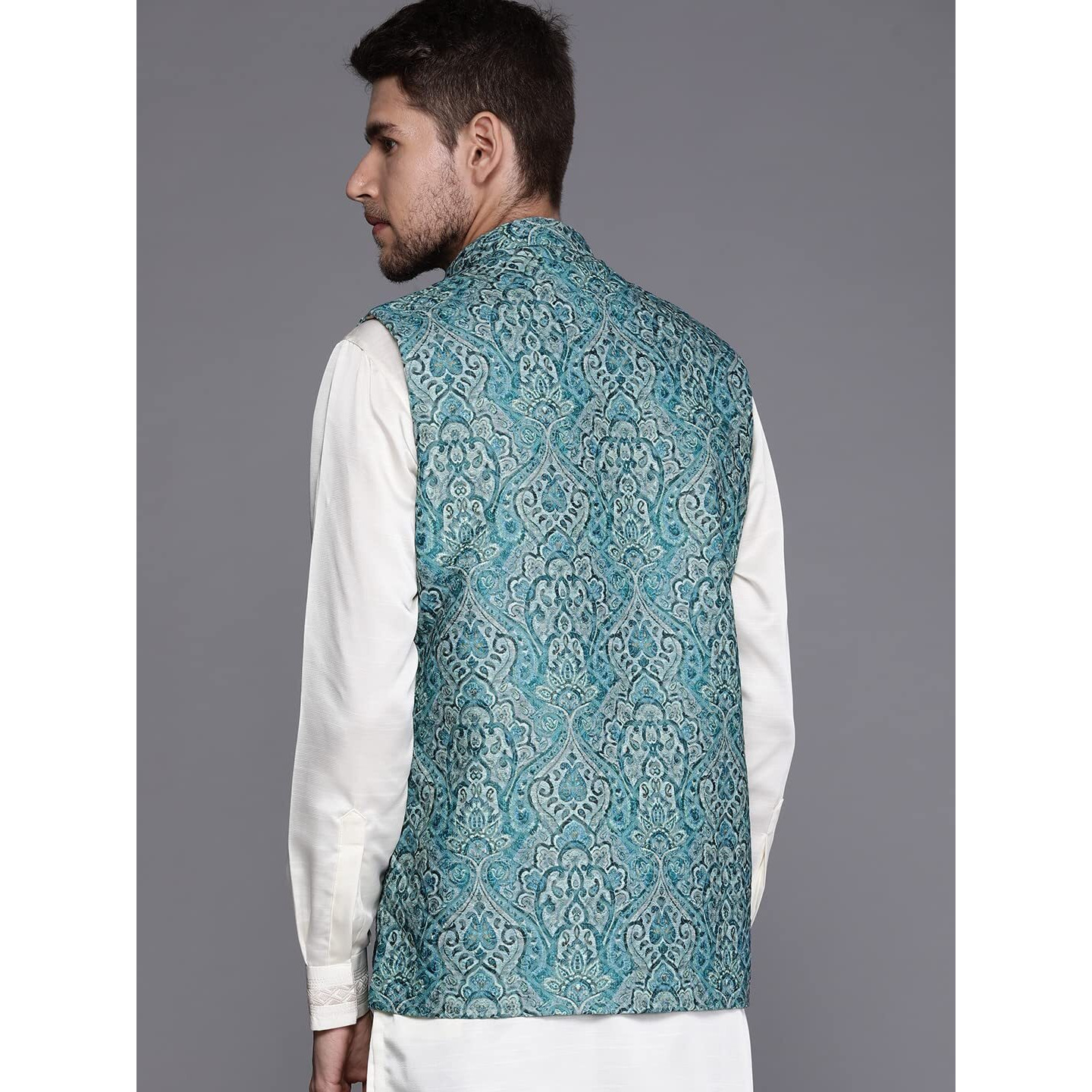 Manyavar Mens Jacket, Nehru Jacket for Men, Ethnic Jacket for Festival, Wedding, Party, Sleevless Jacket Blended Cotton (Blue, S)
