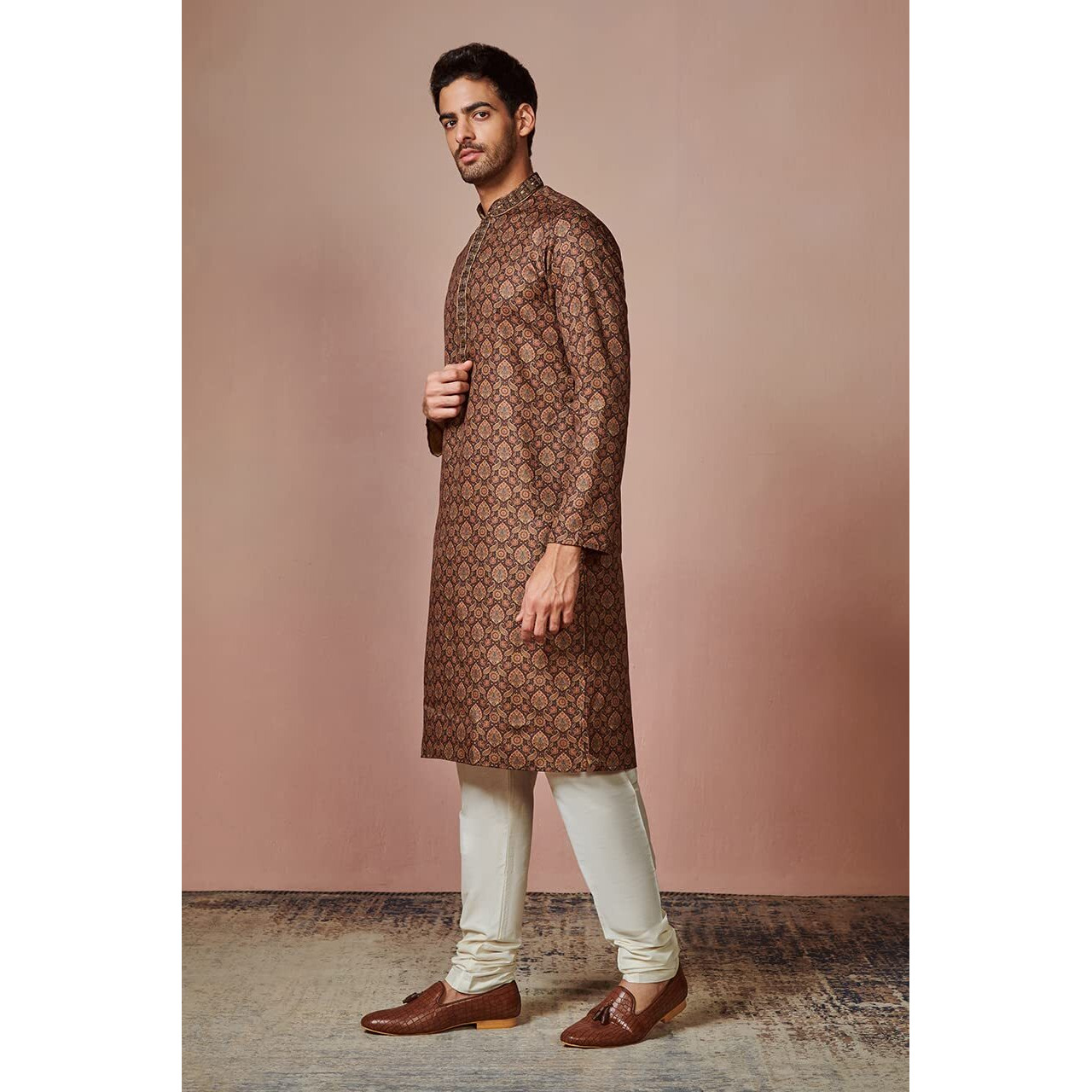 Manyavar Kurta Set for Men, Full Sleeves Mandarin Collar Ethnic Kurta Set for Diwali, Wedding, Party All Over Self Design (Brown, L)