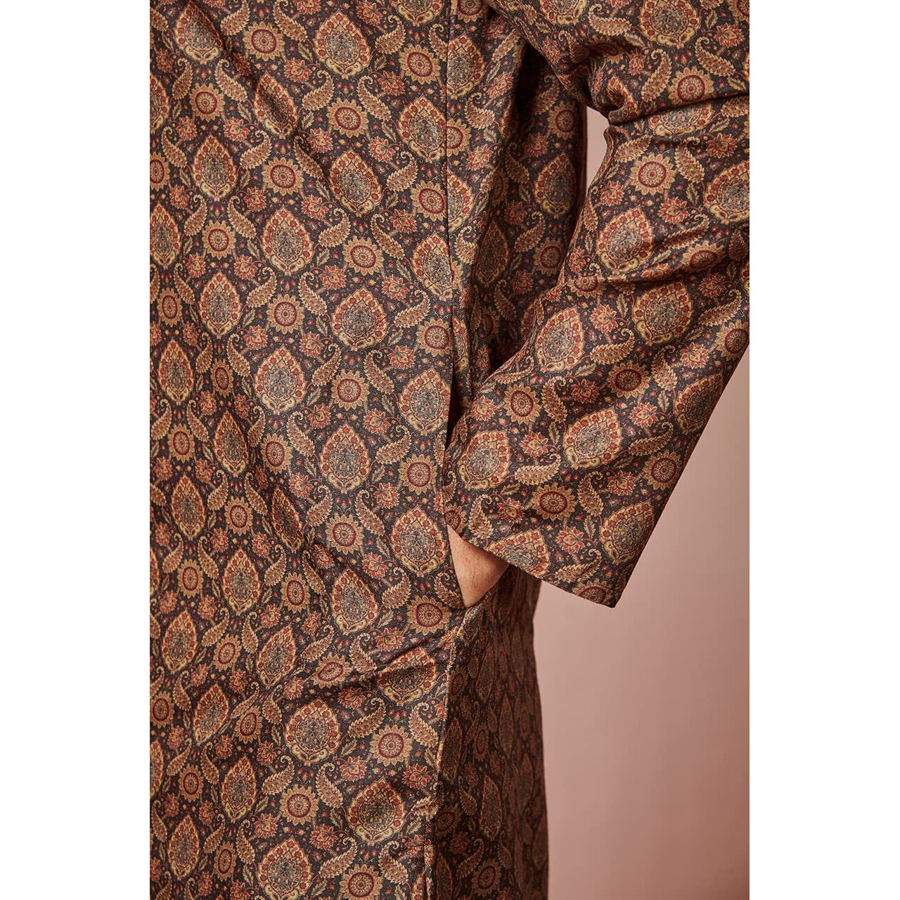 Manyavar Kurta Set for Men, Full Sleeves Mandarin Collar Ethnic Kurta Set for Diwali, Wedding, Party All Over Self Design (Brown, L)