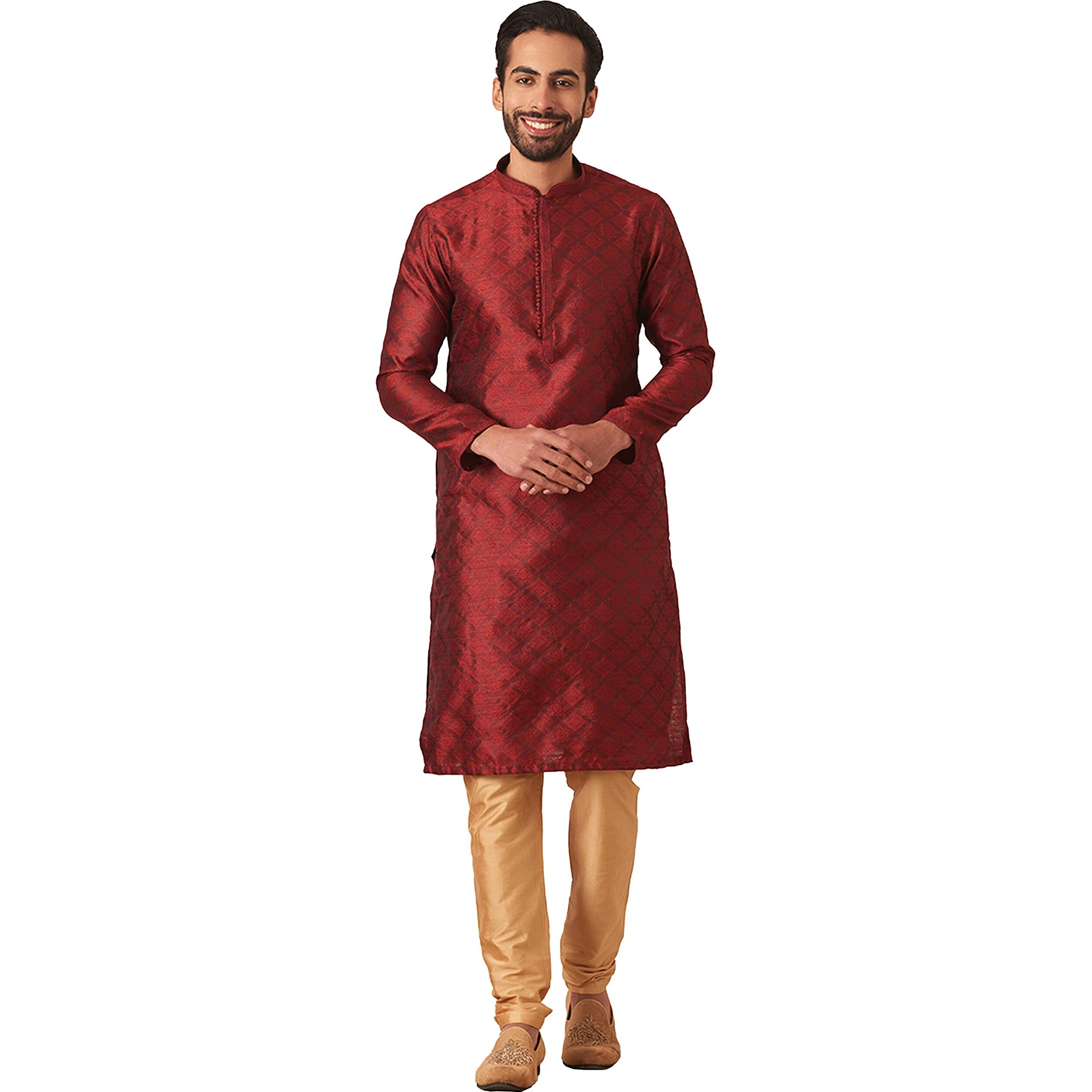 Manyavar Kurta Set For Men, Full Sleeves Mandarin Collar Ethnic Kurta & Payjama Set Art Silk All Over Self Design Set (Maroon, XL)