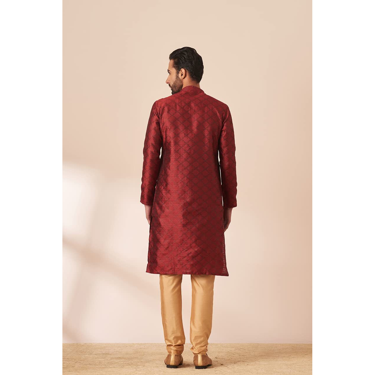 Manyavar Kurta Set For Men, Full Sleeves Mandarin Collar Ethnic Kurta & Payjama Set Art Silk All Over Self Design Set (Maroon, XL)