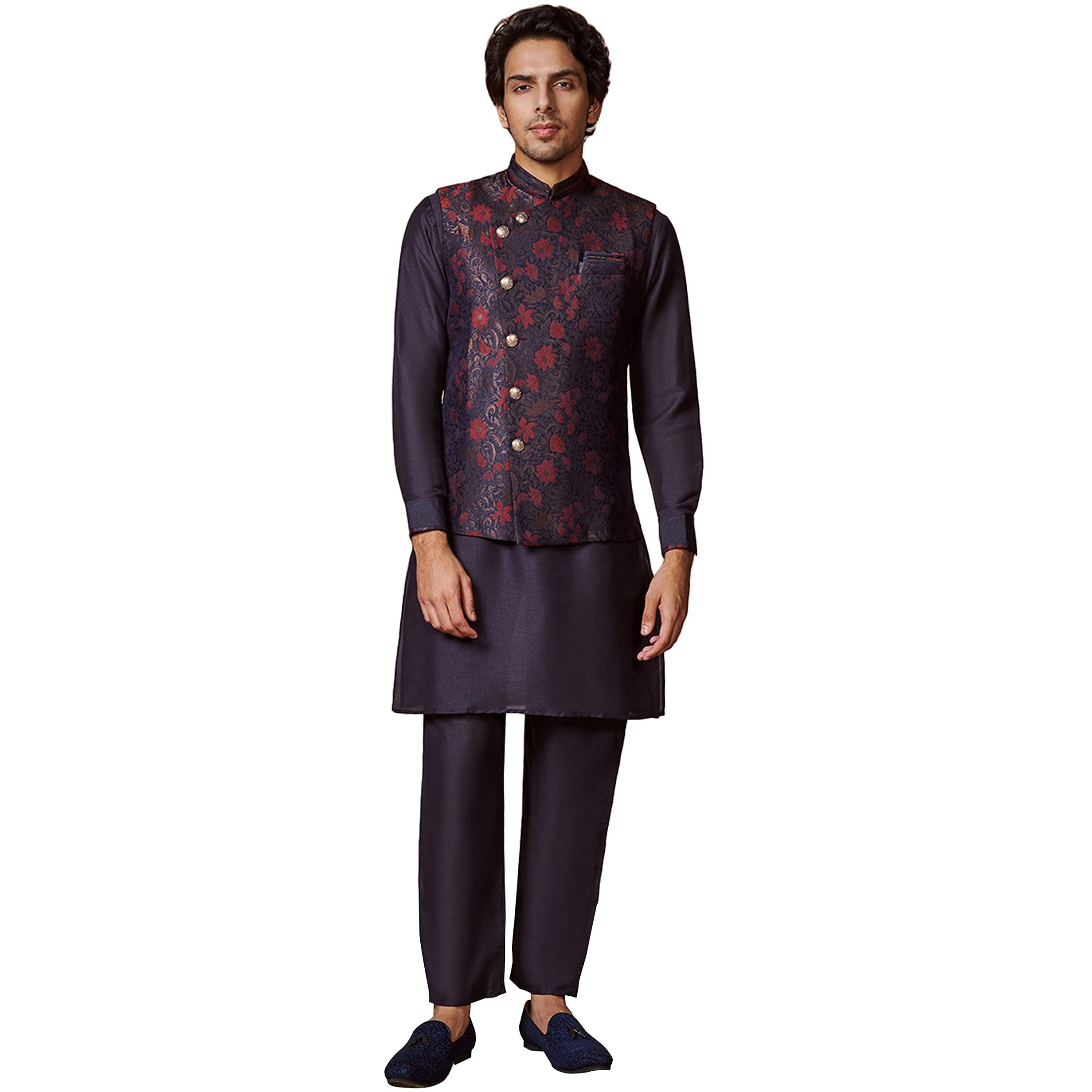 Manyavar Kurta Jacket Set for Men, Full Sleeves Mandarin Collar Ethnic Kurta Jacket Set for Festival, Wedding, Party Art Silk (Blue, M)