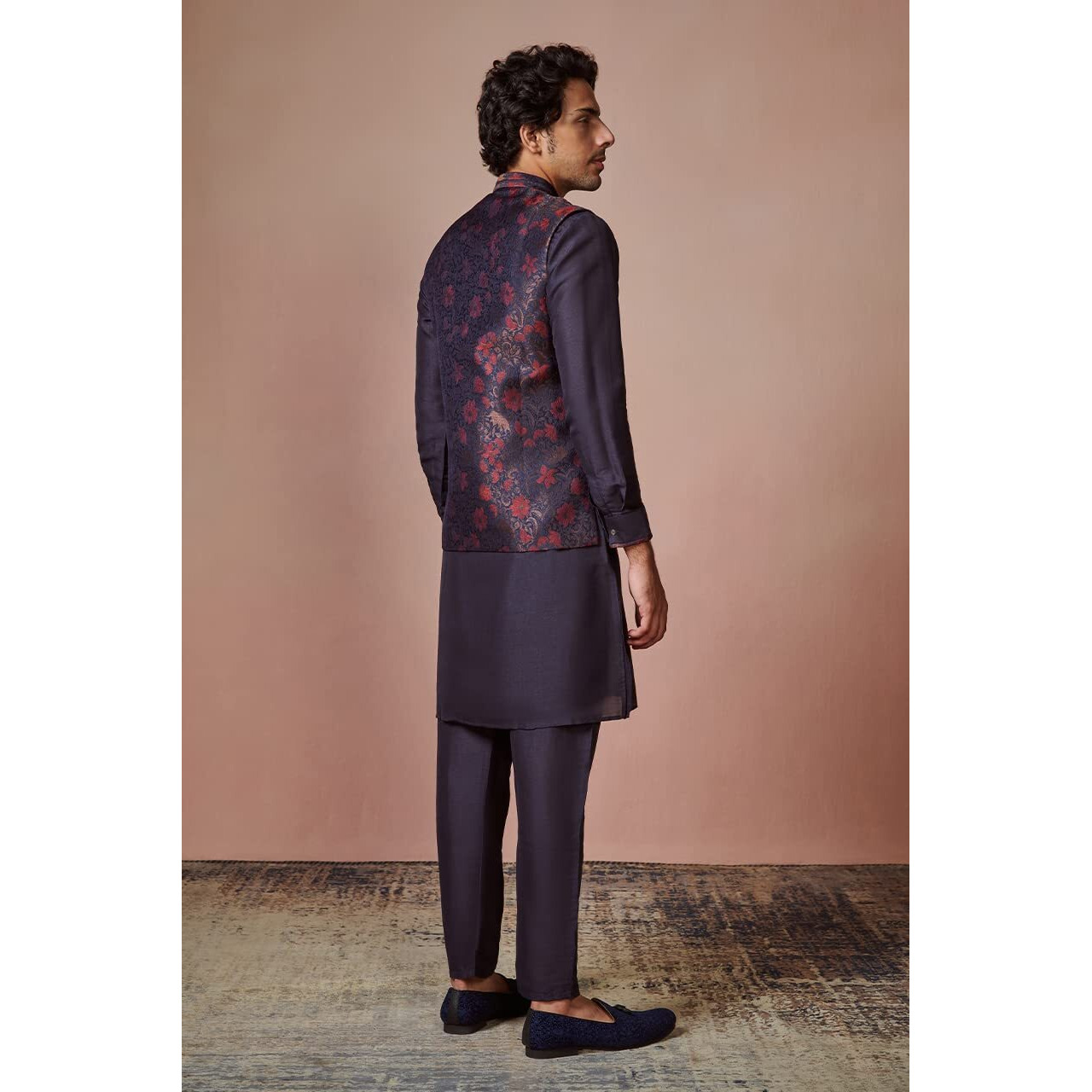 Manyavar Kurta Jacket Set for Men, Full Sleeves Mandarin Collar Ethnic Kurta Jacket Set for Festival, Wedding, Party Art Silk (Blue, M)