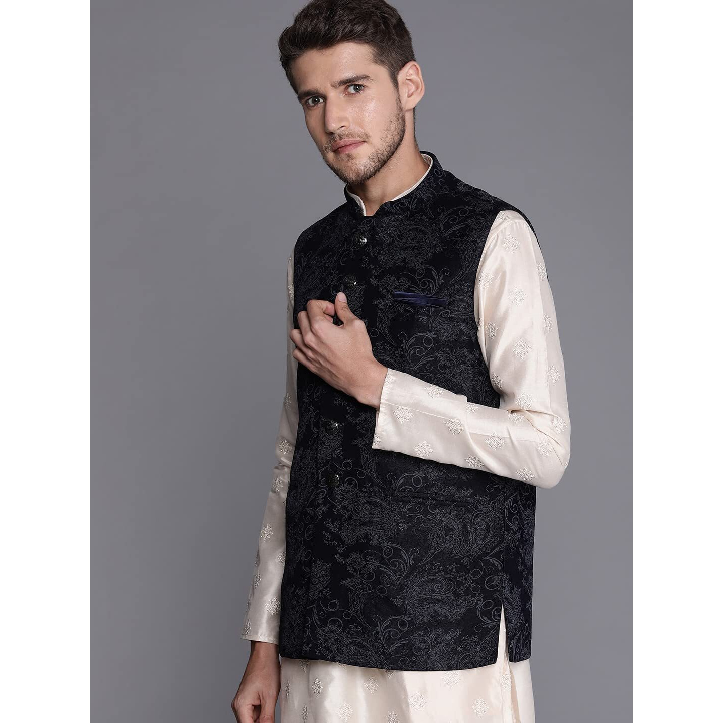 Manyavar Mens Jacket, Nehru Jacket For Men, Ethnic Jacket for Festival, Wedding, Party, Sleevless Jacket Blended Rayon (Blue, M)