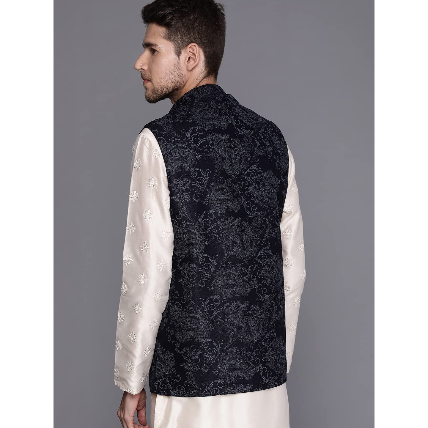 Manyavar Mens Jacket, Nehru Jacket For Men, Ethnic Jacket for Festival, Wedding, Party, Sleevless Jacket Blended Rayon (Blue, M)