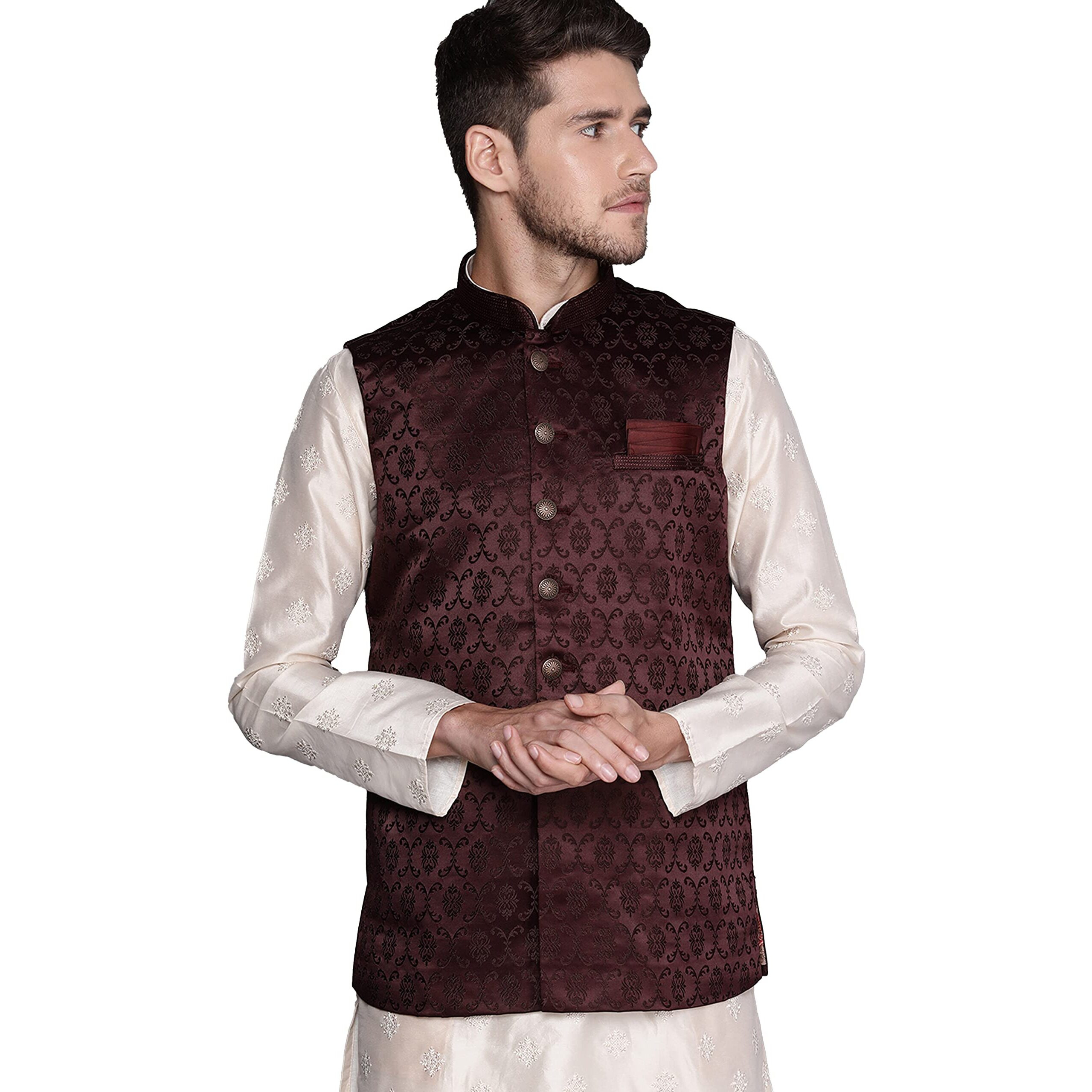 Manyavar Mens Jacket, Nehru Jacket for Men, Ethnic Jacket for Festival, Wedding, Party, Sleevless Jacket Blended Rayon (Wine, S)