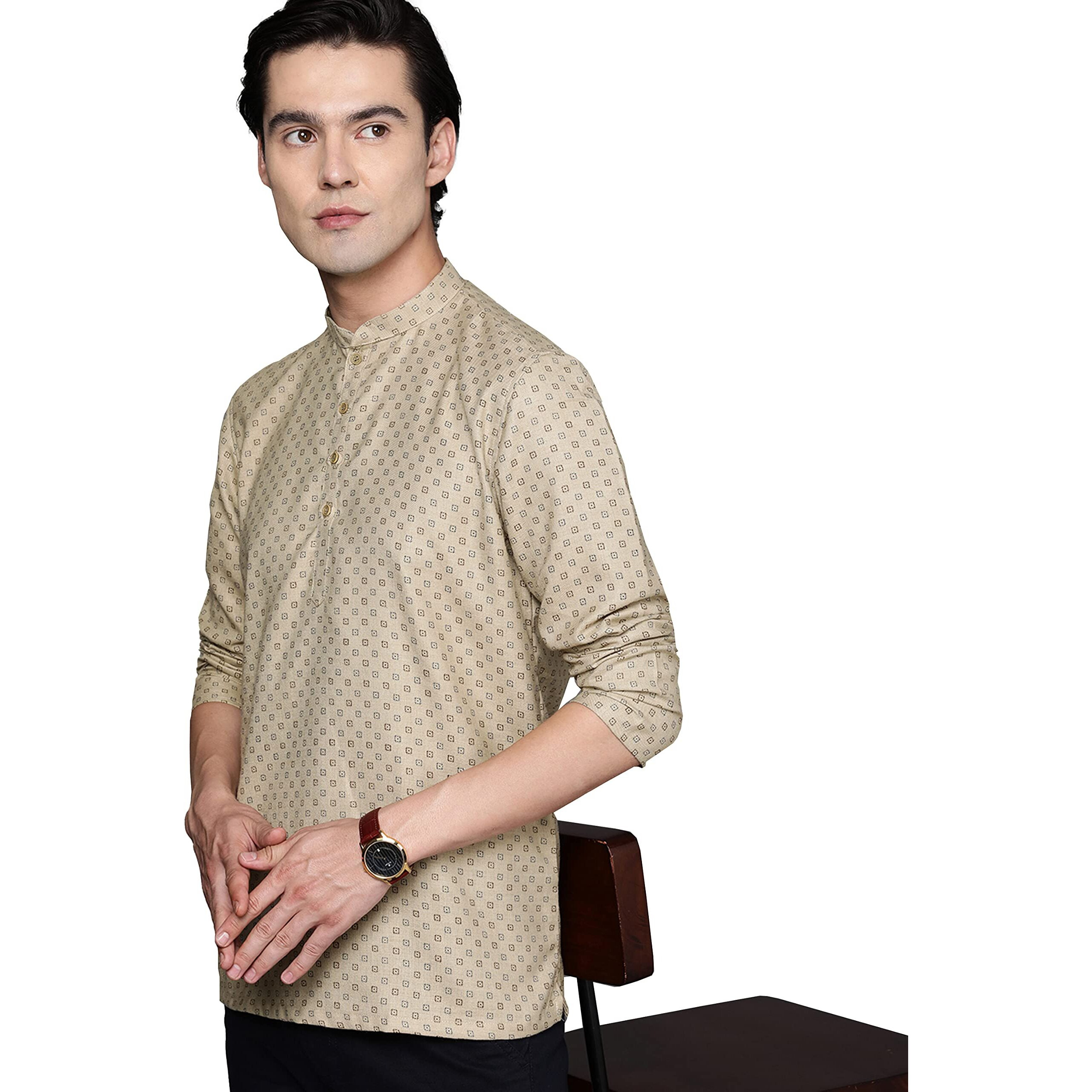 Manyavar Men's Short Kurta, Full Sleeves Mandarin Collar Ethnic Waist Length Kurta Only, Kurta for Festival, Wedding, Party, Anniversary, Blended Cotton (Beige, L)