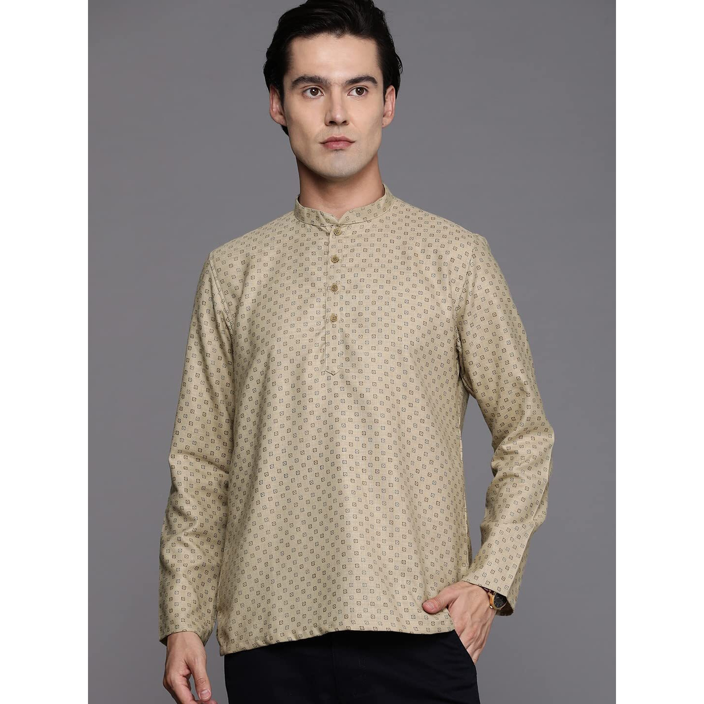 Manyavar Men's Short Kurta, Full Sleeves Mandarin Collar Ethnic Waist Length Kurta Only, Kurta for Festival, Wedding, Party, Anniversary, Blended Cotton (Beige, L)